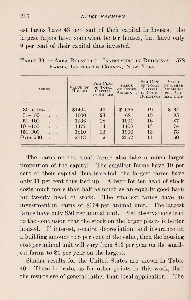est farms have 43 per cent of their capital in houses; the largest farms have somewhat better houses, but have only 9 per cent of their capital thus invested. Table 39. — Area Related to Investment in Buildings. 578 Farms, Livingston County, New York Acres Value op Houses Per Cent op Total Capital in Houses Value op Other Buildings Per Cent op Total Capital in Other Buildings Value of Other Buildings per Ani¬ mal Unit 30 or less . $1494 43 $ 655 19 $164 31- 50 ... 1000 23 681 15 95 51-100 . . . 1236 18 1091 16 87 101-150 . . . 1477 14 1408 13 74 151-200 . . . 1810 13 1900 13 73 Over 200 . . . 2113 9 2552 11 50 The barns on the small farms also take a much larger proportion of the capital. The smallest farms have 19 per cent of their capital thus invested, the largest farms have only 11 per cent thus tied up. A barn for ten head of stock costs much more than half as much as an equally good barn for twenty head of stock. The smallest farms have an investment in barns of $164 per animal unit. The largest farms have only $50 per animal unit. Yet observations lead to the conclusion that the stock on the larger places is better housed. If interest, repairs, depreciation, and insurance on a building amount to 8 per cent of the value, then the housing cost per animal unit will vary from $13 per year on the small- , est farms to $4 per year on the largest. Similar results for the United States are shown in Table 40. These indicate, as for other points in this work, that the results are of general rather than local application. The