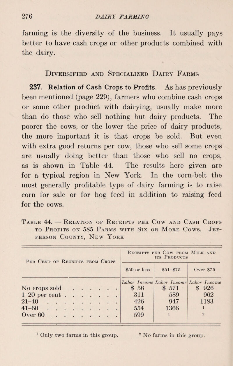 farming is the diversity of the business. It usually pays better to have cash crops or other products combined with the dairy. Diversified and Specialized Dairy Farms 237. Relation of Cash Crops to Profits. As has previously been mentioned (page 229), farmers who combine cash crops or some other product with dairying, usually make more than do those who sell nothing but dairy products. The poorer the cows, or the lower the price of dairy products, the more important it is that crops be sold. But even with extra good returns per cow, those who sell some crops are usually doing better than those who sell no crops, as is shown in Table 44. The results here given are for a typical region in New York. In the corn-belt the most generally profitable type of dairy farming is to raise corn for sale or for hog feed in addition to raising feed for the cows. Table 44. — Relation of Receipts per Cow and Cash Crops to Profits on 585 Farms with Six or More Cows. Jef¬ ferson County, New York Per Cent of Receipts from Crops Receipts per Cow from Milk and its Products $50 or less $51-$75 Over $75 No crops sold .. 1-20 per cent. 21-40 . 41-60 . Over 60 . Labor Income $ 56 311 426 554 599 Labor Income S 571 589 947 1366 i Labor Income $ 926 962 1183 1 2 1 Only two farms in this group. 2 No farms in this group.
