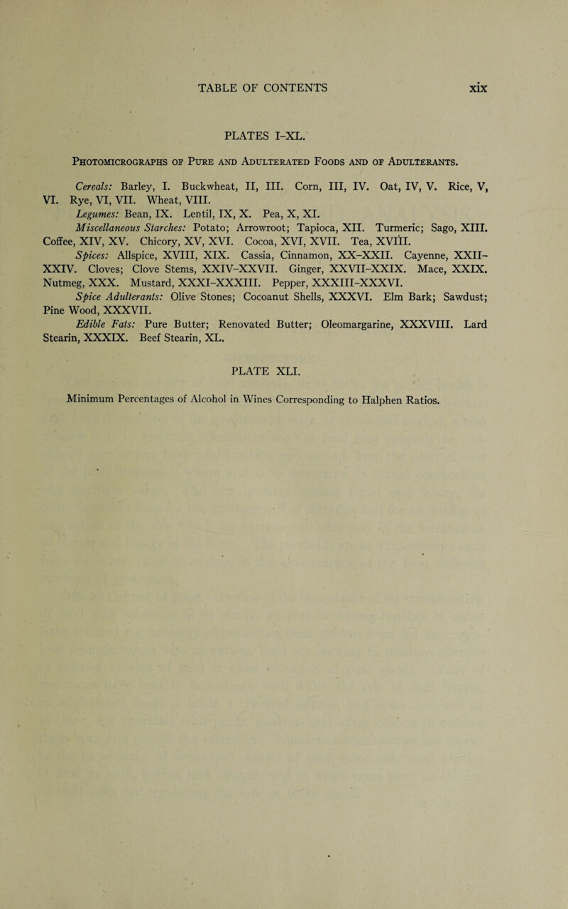 PLATES I-XL. Photomicrographs of Pure and Adulterated Foods and of Adulterants. Cereals: Barley, I. Buckwheat, II, III. Corn, III, IV. Oat, IV, V. Rice, V, VI. Rye, VI, VII. Wheat, VIII. Legumes: Bean, IX. Lentil, IX, X. Pea, X, XI. Miscellaneous Starches: Potato; Arrowroot; Tapioca, XII. Turmeric; Sago, XIII. Coffee, XIV, XV. Chicory, XV, XVI. Cocoa, XVI, XVII. Tea, XVIII. Spices: Allspice, XVIII, XIX. Cassia, Cinnamon, XX-XXII. Cayenne, XXII- XXIV. Cloves; Clove Stems, XXIV-XXVII. Ginger, XXVII-XXIX. Mace, XXIX. Nutmeg, XXX. Mustard, XXXI-XXXIII. Pepper, XXXIII-XXXVI. Spice Adulterants: Olive Stones; Cocoanut Shells, XXXVI. Elm Bark; Sawdust; Pine Wood, XXXVII. Edible Fats: Pure Butter; Renovated Butter; Oleomargarine, XXXVIII. Lard Stearin, XXXIX. Beef Stearin, XL. PLATE XLI. Minimum Percentages of Alcohol in Wines Corresponding to Halphen Ratios.