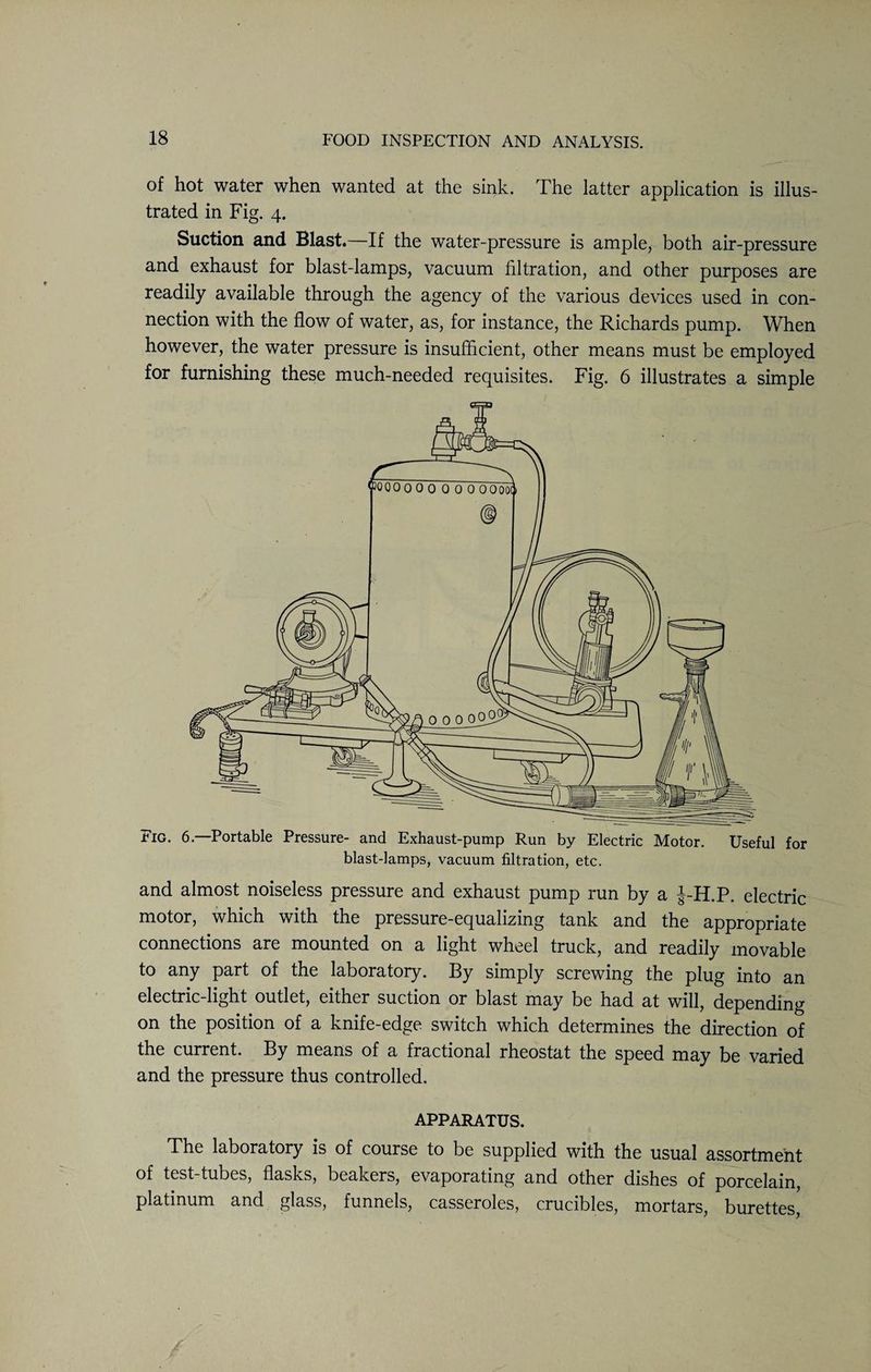 of hot water when wanted at the sink. The latter application is illus¬ trated in Fig. 4. Suction and Blast.—If the water-pressure is ample, both air-pressure and exhaust for blast-lamps, vacuum filtration, and other purposes are readily available through the agency of the various devices used in con¬ nection with the flow of water, as, for instance, the Richards pump. When however, the water pressure is insufficient, other means must be employed for furnishing these much-needed requisites. Fig. 6 illustrates a simple Fig. 6.—Portable Pressure- and Exhaust-pump Run by Electric Motor. Useful for blast-lamps, vacuum filtration, etc. and almost noiseless pressure and exhaust pump run by a J-H.P. electric motor, which with the pressure-equalizing tank and the appropriate connections are mounted on a light wheel truck, and readily movable to any part of the laboratory. By simply screwing the plug into an electric-light outlet, either suction or blast may be had at will, depending on the position of a knife-edge switch which determines the direction of the current. By means of a fractional rheostat the speed may be varied and the pressure thus controlled. APPARATUS. The laboratory is of course to be supplied with the usual assortment of test-tubes, flasks, beakers, evaporating and other dishes of porcelain, platinum and glass, funnels, casseroles, crucibles, mortars, burettes,