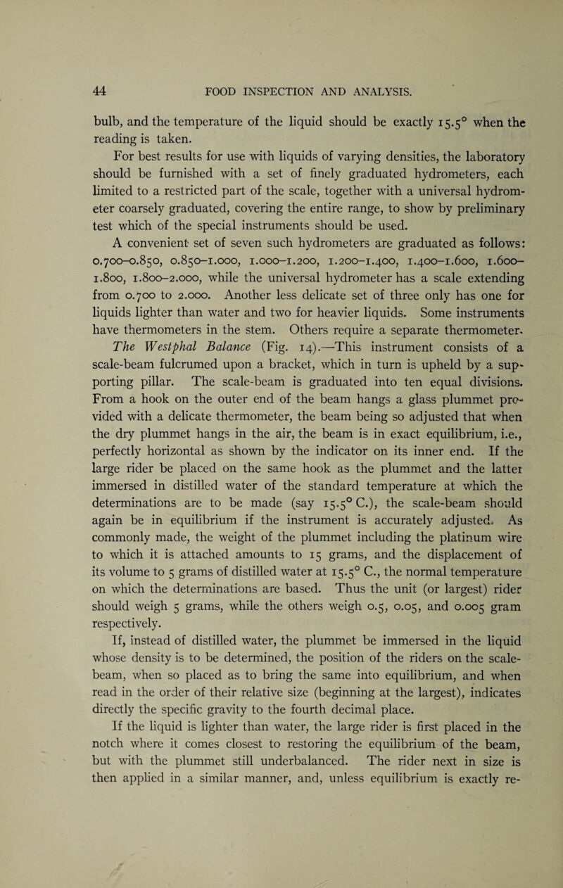 bulb, and the temperature of the liquid should be exactly 15.50 when the reading is taken. For best results for use with liquids of varying densities, the laboratory should be furnished with a set of finely graduated hydrometers, each limited to a restricted part of the scale, together with a universal hydrom¬ eter coarsely graduated, covering the entire range, to show by preliminary test which of the special instruments should be used. A convenient set of seven such hydrometers are graduated as follows: 0.700-0.850, 0.850-1.000, 1.000-1.200, 1.200-1.400, 1.400-1.600, 1.600- 1.800, 1.800-2.000, while the universal hydrometer has a scale extending from 0.700 to 2.000. Another less delicate set of three only has one for liquids lighter than water and two for heavier liquids. Some instruments have thermometers in the stem. Others require a separate thermometer. The Westphal Balance (Fig. 14).—This instrument consists of a scale-beam fulcrumed upon a bracket, which in turn is upheld by a sup¬ porting pillar. The scale-beam is graduated into ten equal divisions. From a hook on the outer end of the beam hangs a glass plummet pro¬ vided with a delicate thermometer, the beam being so adjusted that when the dry plummet hangs in the air, the beam is in exact equilibrium, i.e., perfectly horizontal as shown by the indicator on its inner end. If the large rider be placed on the same hook as the plummet and the latter immersed in distilled water of the standard temperature at which the determinations are to be made (say 15.50 C.), the scale-beam should again be in equilibrium if the instrument is accurately adjusted. As commonly made, the weight of the plummet including the platinum wire to which it is attached amounts to 15 grams, and the displacement of its volume to 5 grams of distilled water at 15-5° C., the normal temperature on which the determinations are based. Thus the unit (or largest) rider should weigh 5 grams, while the others weigh 0.5, 0.05, and 0.005 gram respectively. If, instead of distilled water, the plummet be immersed in the liquid whose density is to be determined, the position of the riders on the scale- beam, when so placed as to bring the same into equilibrium, and when read in the order of their relative size (beginning at the largest), indicates directly the specific gravity to the fourth decimal place. If the liquid is lighter than water, the large rider is first placed in the notch where it comes closest to restoring the equilibrium of the beam, but with the plummet still underbalanced. The rider next in size is then applied in a similar manner, and, unless equilibrium is exactly re-