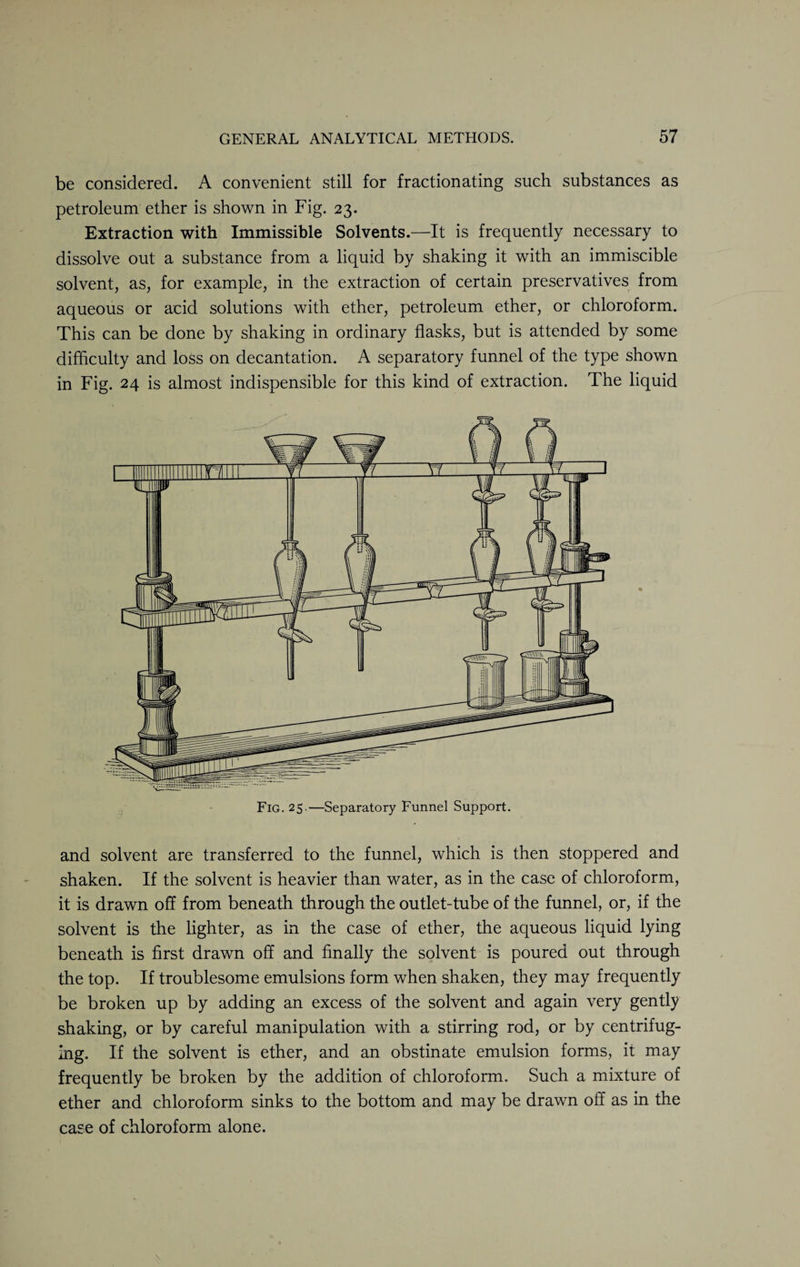 be considered. A convenient still for fractionating such substances as petroleum ether is shown in Fig. 23. Extraction with Immissible Solvents.—It is frequently necessary to dissolve out a substance from a liquid by shaking it with an immiscible solvent, as, for example, in the extraction of certain preservatives from aqueous or acid solutions with ether, petroleum ether, or chloroform. This can be done by shaking in ordinary flasks, but is attended by some difficulty and loss on decantation. A separatory funnel of the type shown in Fig. 24 is almost indispensible for this kind of extraction. The liquid Fig. 25.—Separatory Funnel Support. and solvent are transferred to the funnel, which is then stoppered and shaken. If the solvent is heavier than water, as in the case of chloroform, it is drawn off from beneath through the outlet-tube of the funnel, or, if the solvent is the lighter, as in the case of ether, the aqueous liquid lying beneath is first drawn off and finally the solvent is poured out through the top. If troublesome emulsions form when shaken, they may frequently be broken up by adding an excess of the solvent and again very gently shaking, or by careful manipulation with a stirring rod, or by centrifug¬ ing. If the solvent is ether, and an obstinate emulsion forms, it may frequently be broken by the addition of chloroform. Such a mixture of ether and chloroform sinks to the bottom and may be drawn off as in the case of chloroform alone.