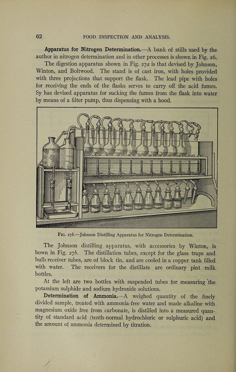 Apparatus for Nitrogen Determination.—A bank of stills used by the author in nitrogen determination and in other processes is shown in Fig. 26. The digestion apparatus shown in Fig. 27a is that devised by Johnson, Winton, and Boltwood. The stand is of cast iron, with holes provided with three projections that support the flask. The lead pipe with holes for receiving the ends of the flasks serves to carry off the acid fumes. Sy has devised apparatus for sucking the fumes from the flask into water by means of a filter pump, thus dispensing with a hood. Fig. 27b.—Johnson Distilling Apparatus for Nitrogen Determination. The Johnson distilling apparatus, with accessories by Winton, is hown in Fig. 27 b. The distillation tubes, except for the glass traps and bulb receiver tubes, are of block tin, and are cooled in a copper tank filled with water. The receivers for the distillate are ordinary pint milk bottles. At the left are two bottles with suspended tubes for measuring ’the potassium sulphide and sodium hydroxide solutions. Determination of Ammonia.—A weighed quantity of the finely divided sample, treated with ammonia-free water and made alkaline with magnesium oxide free from carbonate, is distilled into a measured quan¬ tity of standard acid (tenth-normal hydrochloric or sulphuric acid) and the amount of ammonia determined by titration.