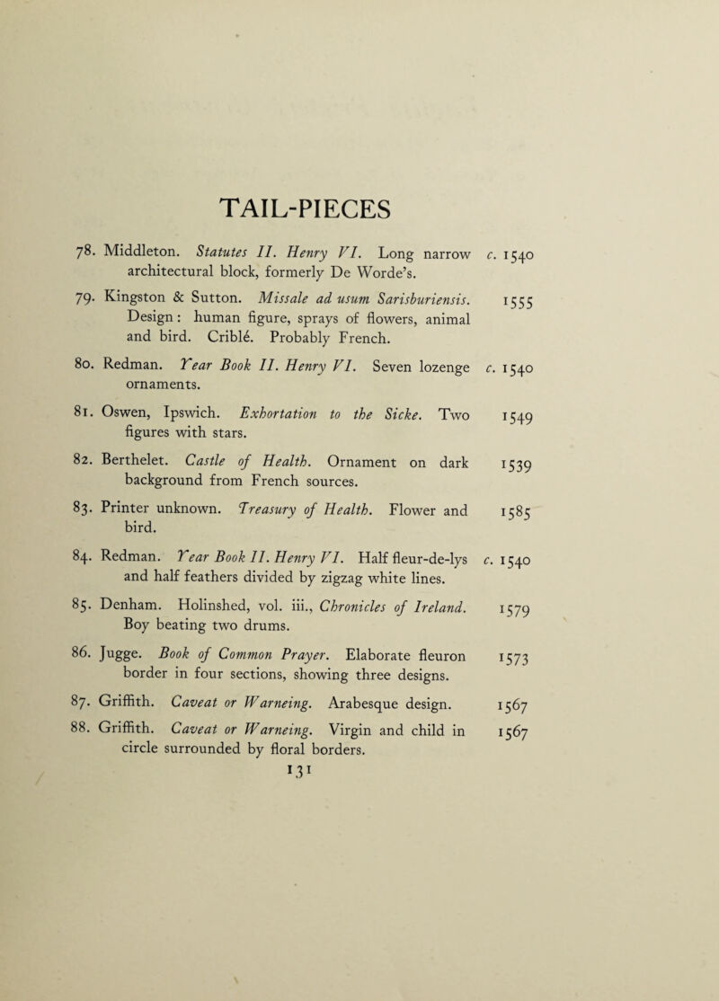 TAIL-PIECES 78. Middleton. Statutes II. Henry VI. Long narrow architectural block, formerly De Worde’s. 79* Kingston & Sutton. Missale ad usum Sarisburiensis. Design: human figure, sprays of flowers, animal and bird. Cribffi. Probably French. 80. Redman. Vear Book II. Henry VI. Seven lozenge ornaments. 81. Oswen, Ipswich. Exhortation to the Sicke. Two figures with stars. 82. Berthelet. Castle of Health. Ornament on dark background from French sources. 83. Printer unknown. Treasury of Health. Flower and bird. 84. Redman. Vear Book II. Henry VI. Half fleur-de-lys and half feathers divided by zigzag white lines. 85. Denham. Holinshed, vol. iii., Chronicles of Ireland. Boy beating two drums. 86. Jugge. Book of Common Prayer. Elaborate fleuron border in four sections, showing three designs. 87* Griffith. Caveat or Warneing. Arabesque design. 88. Griffith. Caveat or Warneing. Virgin and child in circle surrounded by floral borders. L31 c. 1540 1555 c. 1540 1549 1539 1585 c. 1540 1579 1573 1567 1567