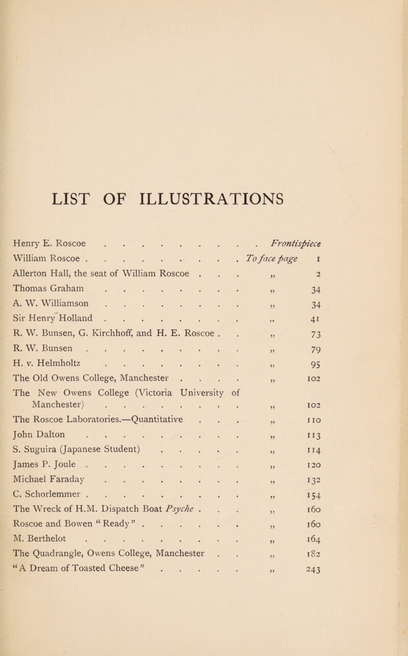 LIST OF ILLUSTRATIONS Henry E. Roscoe. William Roscoe. Allerton Hall, the seat of William Roscoe . Thomas Graham. A. W. Williamson. Sir Henry Holland. R. W. Bunsen, G. KirchhofF, and H. E. Roscoe R. W. Bunsen. H. v. Helmholtz . The Old Owens College, Manchester The New Owens College (Victoria University Manchester). The Roscoe Laboratories.—Quantitative John Dalton. S. Suguira (Japanese Student) James P. Joule. Michael Faraday. C. Schorlemmer. The Wreck of H.M. Dispatch Boat Psyche . Roscoe and Bowen “ Ready ” . M. Berthelot. The Quadrangle, Owens College, Manchester “A Dream of Toasted Cheese” of Frontispiece To face page i V )) >5 V » 5) V » )) 1} )> » 5) V V )) 55 2 34 34 41 73 79 95 102 102 IIO 113 114 120 132 154 l6o l6o 164 182 243