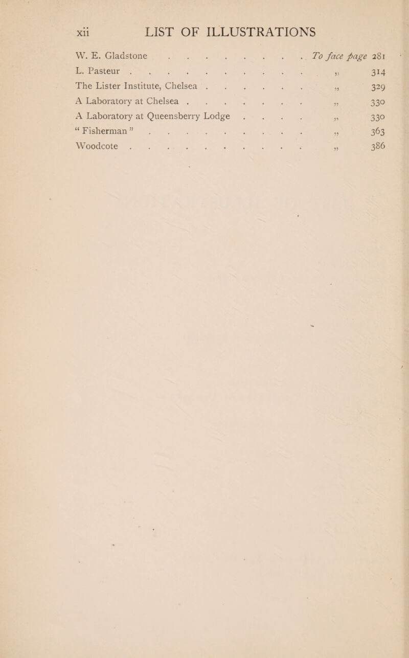 W. E. Gladstone.To face page 281 L. Pasteur . „ 314 The Lister Institute, Chelsea. „ 329 A Laboratory at Chelsea. „ 330 A Laboratory at Queensberry Lodge .... „ 330 “ Fisherman ”. „ 363 Woodcote. „ 386