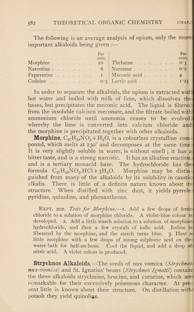 The following is an average analysis of opium, only the more important alkaloids being given :— Per cent. Morphine. 10 Narcotine. 6 Papaverine. 1 Codeine. O’c Per cent. Theba'ine. o-3 Narceine. 0*2 Meconic acid. 4 I Lactic acid. 1 '25 In order to separate the alkaloids, the opium is extracted with hot water and boiled with milk of lime, which dissolves the bases, but precipitates the meconic acid. The liquid is filtered from the insoluble calcium meconate, and the filtrate boiled with ammonium chloride until ammonia ceases to be evolved whereby the lime is converted into calcium chloride and the morphine is precipitated together with other alkaloids. Morphine, C17H19N03 + H20, is a colourless crystalline com¬ pound, which melts at 230° and decomposes at the same time. It is very slightly soluble in water, is without smell ; it has a bitter taste, and is a strong narcotic. It has an alkaline reaction, and is a tertiary monacid base. The hydrochloride has the formula C17H19N03.HC1 + 3H20. Morphine may be distin¬ guished from many of the alkaloids by its solubility in caustic alkalis. There is little of a definite nature known about its structure. When distilled with zinc dust, it yields pyrrole pyridine, quinoline, and phenanthrene. Expt. 202. Tests for Morphine.—1. Add a few drops of ferric chloride to a solution of morphine chloride. A violet-blue colour is developed. 2. Add a little starch solution to a solution of morphine- hydrochloride, and then a few crystals of iodic acid. Iodine is liberated by the morphine, and the starch turns blue. 3. Heat a little morphine with a few drops of strong sulphuric acid on the: water-bath for half-an-hour. Cool the liquid, and add a drop ofl nitric acid. A violet colour is produced. Strychnos Alkaloids.—The seeds of nux vomica (Strychnos\ nux-vomica) and St. Ignatius5 beans (Strychnos Ignatii) contain; the three alkaloids strychnine, brucine, and curarine, which are; remarkable for their excessively poisonous character. At pre¬ sent little is known about their structure. On distillation with: potash they yield quinoline.