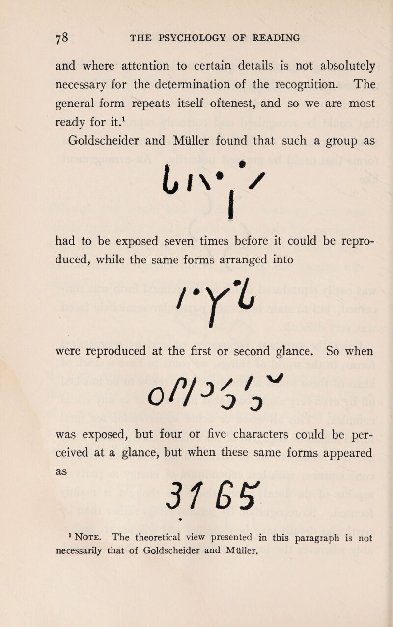 and where attention to certain details is not absolutely necessary for the determination of the recognition. The general form repeats itself oftenest, and so we are most ready for it.1 Goldscheider and Muller found that such a group as had to be exposed seven times before it could be repro¬ duced, while the same forms arranged into were reproduced at the first or second glance. So when was exposed, but four or five characters could be per¬ ceived at a glance, but when these same forms appeared as 1 Note. The theoretical view presented in this paragraph is not necessarily that of Goldscheider and Muller.