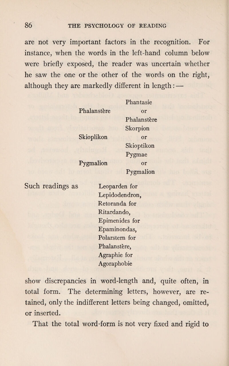 are not very important factors in the recognition. For instance, when the words in the left-hand column below were briefly exposed, the reader was uncertain whether he saw the one or the other of the words on the right, although they are markedly different in length: — Phantasie or Phalanst&re Skorpion or Skioptikon Pygmae or Pygmalion Such readings as Leoparden for Lepidodendron, Retoranda for Ritardando, Epimenides for Epaminondas, Polarstem for Phalanstere, Agraphie for Agoraphobie show discrepancies in word-length and, quite often, in total form. The determining letters, however, are re¬ tained, only the indifferent letters being changed, omitted, or inserted. That the total word-form is not very fixed and rigid to Phalanstere Skioplikon Pygmalion