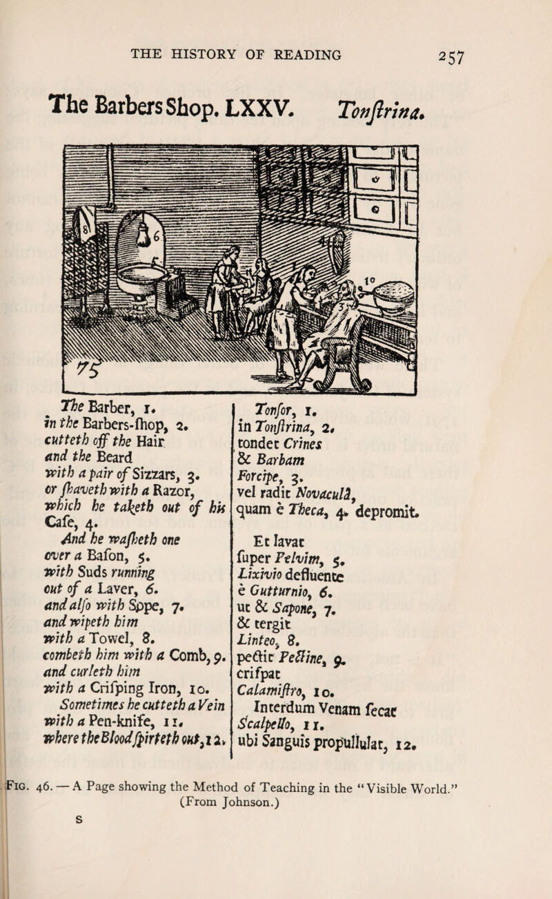 The Barbers Shop* LXXV* Tonjlrina* The Barber, 1* in the Barbers- fhop, 2. cutteth off the Hair and the Beard with a pair of Sizzars, 3. cr jhaveth with a Razor, which he taheth out of his Cafe, 4. And he wafheth one over a Bafon, 5. with Suds running cut of a Laver, 6. and alfo with sjppe, 7* and wipeth him with a. Towel, 8. combeth him with a Comb, 9. and curleth him with a Crifping Iron, 10. Sometimes he cutteth a Vein with a Pea-knife, 11* where the Bloodfpirteth Ckt3i2> Tonfor, 1. in Tonflrina, 2# tondec Crines & Barham Forcipef 3. vel radit Novacutt, <}uam e Theca) 4* depromit. Eclavac fuper Felvim, 5. Lixivio defluente e Outturnio, 6. uc & Sapone, 7. & tergit Linteo, 8. peftir Ferine3 9. crifpat Calamifiroy 10. Interdum Venam fecac tfcalpclloy it, ubi Sanguis propullular, 12. Fig. 46. — A Page showing the Method of Teaching in the “Visible World.” (From Johnson.) S