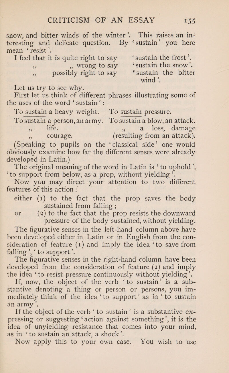 snow, and bitter winds of the winter \ This raises an in¬ teresting and delicate question. By ‘ sustain ’ you here mean ‘ resist I feel that it is quite right to say ‘ sustain the frost ’. „ „ wrong to say ‘ sustain the snow „ possibly right to say ‘ sustain the bitter wind \ Let us try to see why. First let us think of different phrases illustrating some of the uses of the word ‘ sustain 5: To sustain a heavy weight. To sustain pressure. To sustain a person, an army. To sustain a blow, an attack. „ life. „ a loss, damage „ courage. (resulting from an attack). (Speaking to pupils on the ‘classical side’ one would obviously examine how far the different senses were already developed in Latin.) The original meaning of the word in Latin is ‘ to uphold ‘ to support from below, as a prop, without yielding \ Now you may direct your attention to two different features of this action f either (1) to the fact that the prop saves the body sustained from falling; or (2) to the fact that the prop resists the downward pressure of the body sustained, without yielding. The figurative senses in the left-hand column above have been developed either in Latin or in English from the con¬ sideration of feature (1) and imply the idea ‘to save from falling ‘ to support ’. The figurative senses in the right-hand column have been developed from the consideration of feature (2) and imply the idea ‘to resist pressure continuously without yielding’. If, now, the object of the verb ‘ to sustain ’ is a sub¬ stantive denoting a thing or person or persons, you im¬ mediately think of the idea ‘ to support ’ as in ‘ to sustain an army ’. If the object of the verb ‘ to sustain ’ is a substantive ex¬ pressing or suggesting ‘action against something’, it is the idea of unyielding resistance that comes into your mind, as in ‘ to sustain an attack, a shock ’. Now apply this to your own case. You wish to use