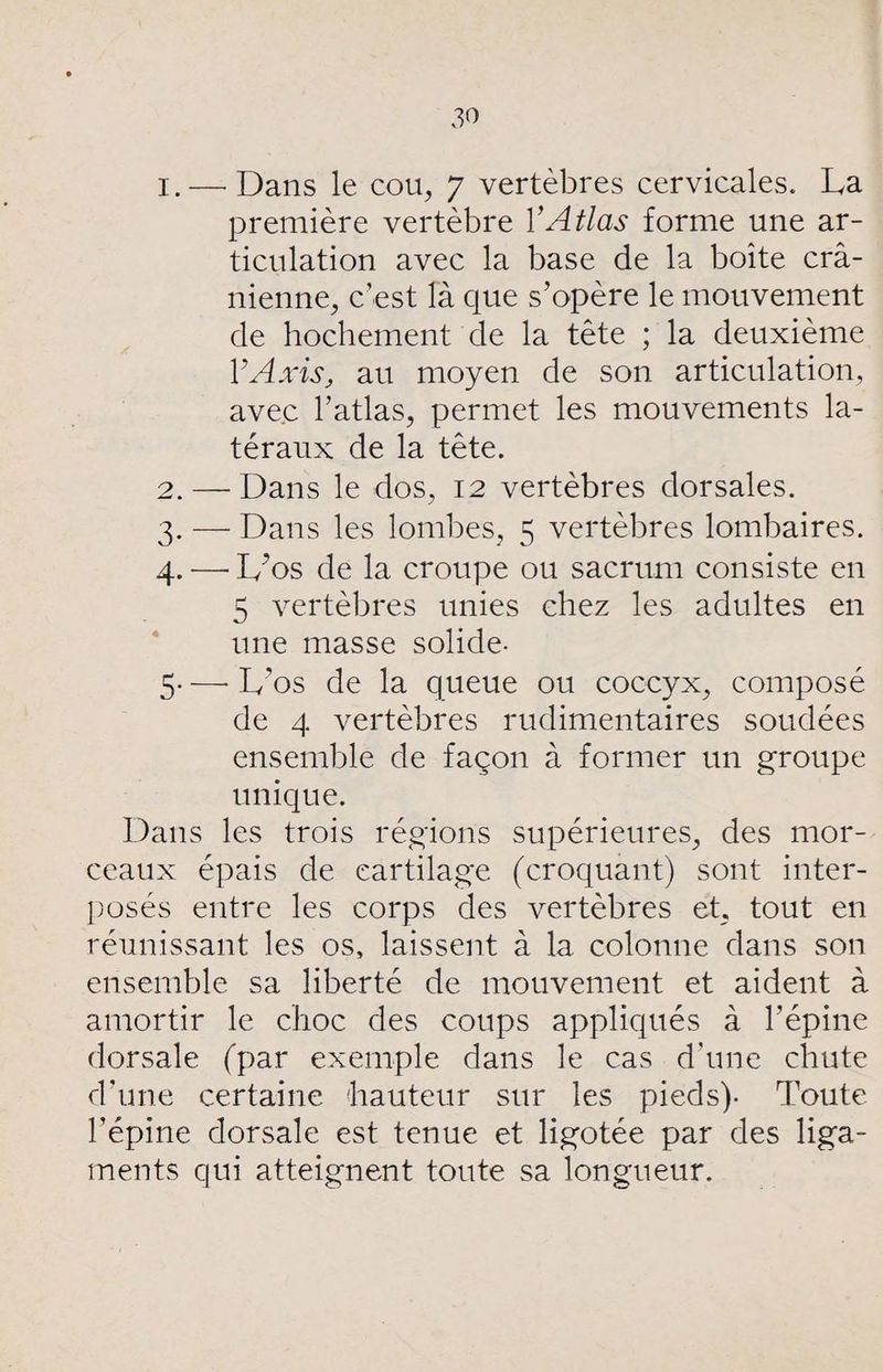 1. — Dans le cou, 7 vertèbres cervicales. La première vertèbre Y Atlas forme une ar¬ ticulation avec la base de la boîte cr⬠nienne, c’est là que s’opère le mouvement de hochement de la tête ; la deuxième Y Axis, au moyen de son articulation, avec l’atlas, permet les mouvements la¬ téraux de la tête. 2. — Dans le dos, 12 vertèbres dorsales. 3. — Dans les lombes, 5 vertèbres lombaires. 4. —■ L’os de la croupe ou sacrum consiste en 5 vertèbres unies chez les adultes en une masse solide- 5—- L’os de la queue ou coccyx, composé de 4 vertèbres rudimentaires soudées ensemble de façon à former un groupe unique. Dans les trois régions supérieures, des mor¬ ceaux épais de cartilage (croquant) sont inter¬ posés entre les corps des vertèbres et, tout en réunissant les os, laissent à la colonne dans son ensemble sa liberté de mouvement et aident à amortir le choc des coups appliqués à l’épine dorsale (par exemple dans le cas d'une chute d'une certaine hauteur sur les pieds)- Toute l’épine dorsale est tenue et ligotée par des liga¬ ments qui atteignent toute sa longueur.