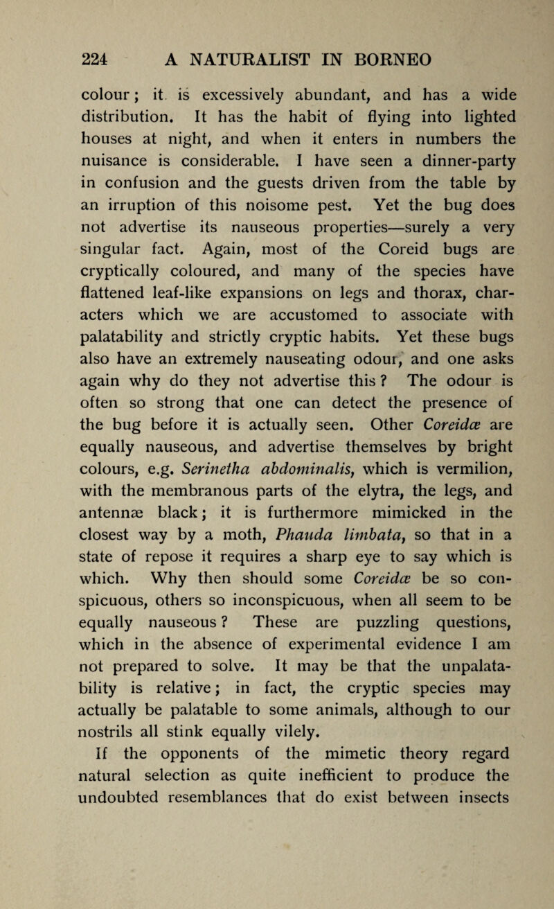 colour; it is excessively abundant, and has a wide distribution. It has the habit of flying into lighted houses at night, and when it enters in numbers the nuisance is considerable. I have seen a dinner-party in confusion and the guests driven from the table by an irruption of this noisome pest. Yet the bug does not advertise its nauseous properties—surely a very singular fact. Again, most of the Coreid bugs are cryptically coloured, and many of the species have flattened leaf-like expansions on legs and thorax, char¬ acters which we are accustomed to associate with palatability and strictly cryptic habits. Yet these bugs also have an extremely nauseating odour, and one asks again why do they not advertise this ? The odour is often so strong that one can detect the presence of the bug before it is actually seen. Other Coreidce are equally nauseous, and advertise themselves by bright colours, e.g. Serinetha abdominalis, which is vermilion, with the membranous parts of the elytra, the legs, and antennae black; it is furthermore mimicked in the closest way by a moth, Phauda limbata, so that in a state of repose it requires a sharp eye to say which is which. Why then should some Coreidce be so con¬ spicuous, others so inconspicuous, when all seem to be equally nauseous ? These are puzzling questions, which in the absence of experimental evidence I am not prepared to solve. It may be that the unpalata- bility is relative; in fact, the cryptic species may actually be palatable to some animals, although to our nostrils all stink equally vilely. If the opponents of the mimetic theory regard natural selection as quite inefficient to produce the undoubted resemblances that do exist between insects