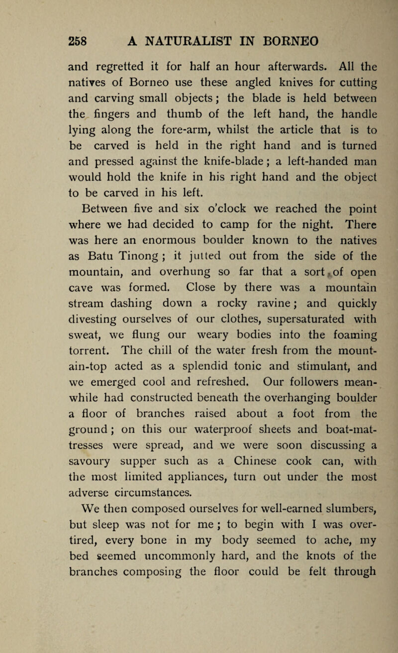 and regretted it for half an hour afterwards. All the natives of Borneo use these angled knives for cutting and carving small objects ; the blade is held between the fingers and thumb of the left hand, the handle lying along the fore-arm, whilst the article that is to be carved is held in the right hand and is turned and pressed against the knife-blade; a left-handed man would hold the knife in his right hand and the object to be carved in his left. Between five and six o’clock we reached the point where we had decided to camp for the night. There was here an enormous boulder known to the natives as Batu Tinong ; it jutted out from the side of the mountain, and overhung so far that a sort of open cave was formed. Close by there was a mountain stream dashing down a rocky ravine; and quickly divesting ourselves of our clothes, supersaturated with sweat, we flung our weary bodies into the foaming torrent. The chill of the water fresh from the mount¬ ain-top acted as a splendid tonic and stimulant, and we emerged cool and refreshed. Our followers mean¬ while had constructed beneath the overhanging boulder a floor of branches raised about a foot from the ground ; on this our waterproof sheets and boat-mat¬ tresses were spread, and we were soon discussing a savoury supper such as a Chinese cook can, with the most limited appliances, turn out under the most adverse circumstances. We then composed ourselves for well-earned slumbers, but sleep was not for me ; to begin with I was over¬ tired, every bone in my body seemed to ache, my bed seemed uncommonly hard, and the knots of the branches composing the floor could be felt through