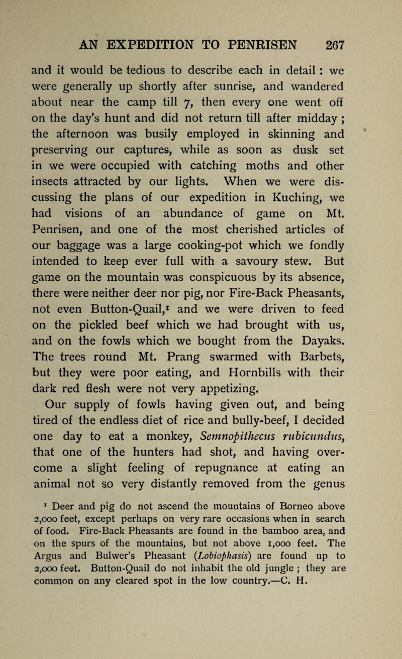 and it would be tedious to describe each in detail : we were generally up shortly after sunrise, and wandered about near the camp till 7, then every one went off on the day’s hunt and did not return till after midday ; the afternoon was busily employed in skinning and preserving our captures, while as soon as dusk set in we were occupied with catching moths and other insects attracted by our lights. When we were dis¬ cussing the plans of our expedition in Kuching, we had visions of an abundance of game on Mt. Penrisen, and one of the most cherished articles of our baggage was a large cooking-pot which we fondly intended to keep ever full with a savoury stew. But game on the mountain was conspicuous by its absence, there were neither deer nor pig, nor Fire-Back Pheasants, not even Button-Quail,1 and we were driven to feed on the pickled beef which we had brought with us, and on the fowls which we bought from the Dayaks. The trees round Mt. Prang swarmed with Barbets, but they were poor eating, and Hornbills with their dark red flesh were not very appetizing. Our supply of fowls having given out, and being tired of the endless diet of rice and bully-beef, I decided one day to eat a monkey, Semnopithecus rubicundus, that one of the hunters had shot, and having over¬ come a slight feeling of repugnance at eating an animal not so very distantly removed from the genus 1 Deer and pig do not ascend the mountains of Borneo above 2,000 feet, except perhaps on very rare occasions when in search of food. Fire-Back Pheasants are found in the bamboo area, and on the spurs of the mountains, but not above 1,000 feet. The Argus and Bulwer’s Pheasant (Lobiophasis) are found up to 2,000 feet. Button-Quail do not inhabit the old jungle ; they are common on any cleared spot in the low country.—C. H.