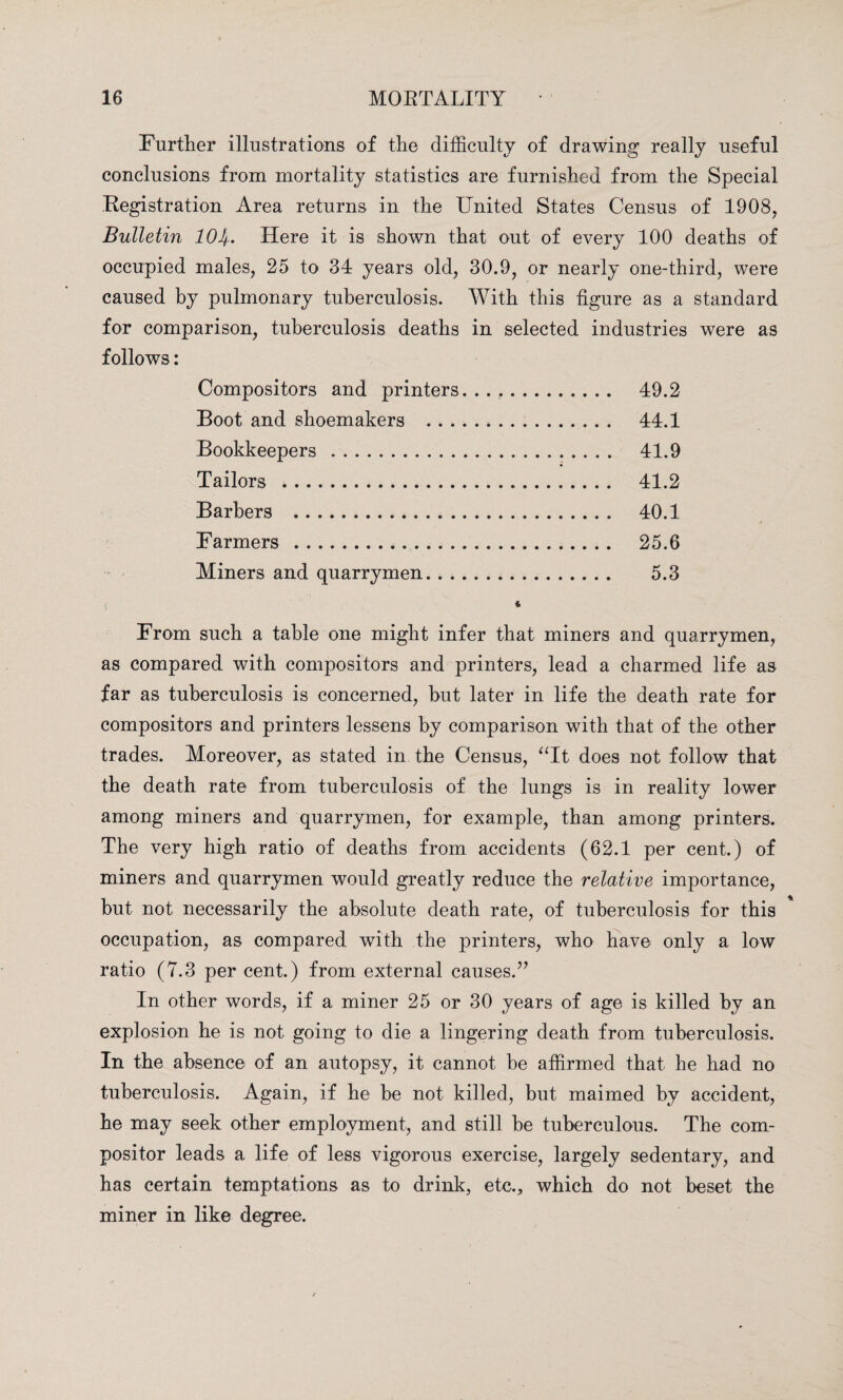 Further illustrations of the difficulty of drawing really useful conclusions from mortality statistics are furnished from the Special Registration Area returns in the United States Census of 1908, Bulletin 10J,Here it is shown that out of every 100 deaths of occupied males, 25 to 34 years old, 30.9, or nearly one-third, were caused by pulmonary tuberculosis. With this figure as a standard for comparison, tuberculosis deaths in selected industries were as follows: Compositors and printers. 49.2 Boot and shoemakers . 44.1 Bookkeepers . 41.9 Tailors . 41.2 Barbers . 40.1 Farmers . 25.6 Miners and quarry men. 5.3 From such a table one might infer that miners and quarrymen, as compared with compositors and printers, lead a charmed life as far as tuberculosis is concerned, but later in life the death rate for compositors and printers lessens by comparison with that of the other trades. Moreover, as stated in the Census, “It does not follow that the death rate from tuberculosis of the lungs is in reality lower among miners and quarrymen, for example, than among printers. The very high ratio of deaths from accidents (62.1 per cent.) of miners and quarrymen would greatly reduce the relative importance, but not necessarily the absolute death rate, of tuberculosis for this occupation, as compared with the printers, who have only a low ratio (7.3 per cent.) from external causes.” In other words, if a miner 25 or 30 years of age is killed by an explosion he is not going to die a lingering death from tuberculosis. In the absence of an autopsy, it cannot he affirmed that he had no tuberculosis. Again, if he be not killed, but maimed by accident, he may seek other employment, and still he tuberculous. The com¬ positor leads a life of less vigorous exercise, largely sedentary, and has certain temptations as to drink, etc., which do not beset the miner in like degree.