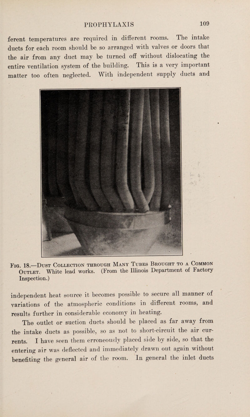 ferent temperatures are required in different rooms. The intake ducts for each room should be so arranged with valves or doors that the air from any duct may be turned off without dislocating the entire ventilation system of the building. This is a very important matter too often neglected. With independent supply ducts and Fig. 18.—Dust Collection through Many Tubes Brought to a Common Outlet. White lead works. (From the Illinois Department of Factory Inspection.) « independent heat source it becomes possible to secure all manner of variations of the atmospheric conditions in different rooms, and results further in considerable economy in heating. The outlet or suction ducts should be placed as far away from the intake ducts as possible, so as not to short-circuit the air cur¬ rents. I have seen them erroneously placed side by side, so that the entering air was deflected and immediately drawn out again without benefiting the general air of the room. In general the inlet ducts