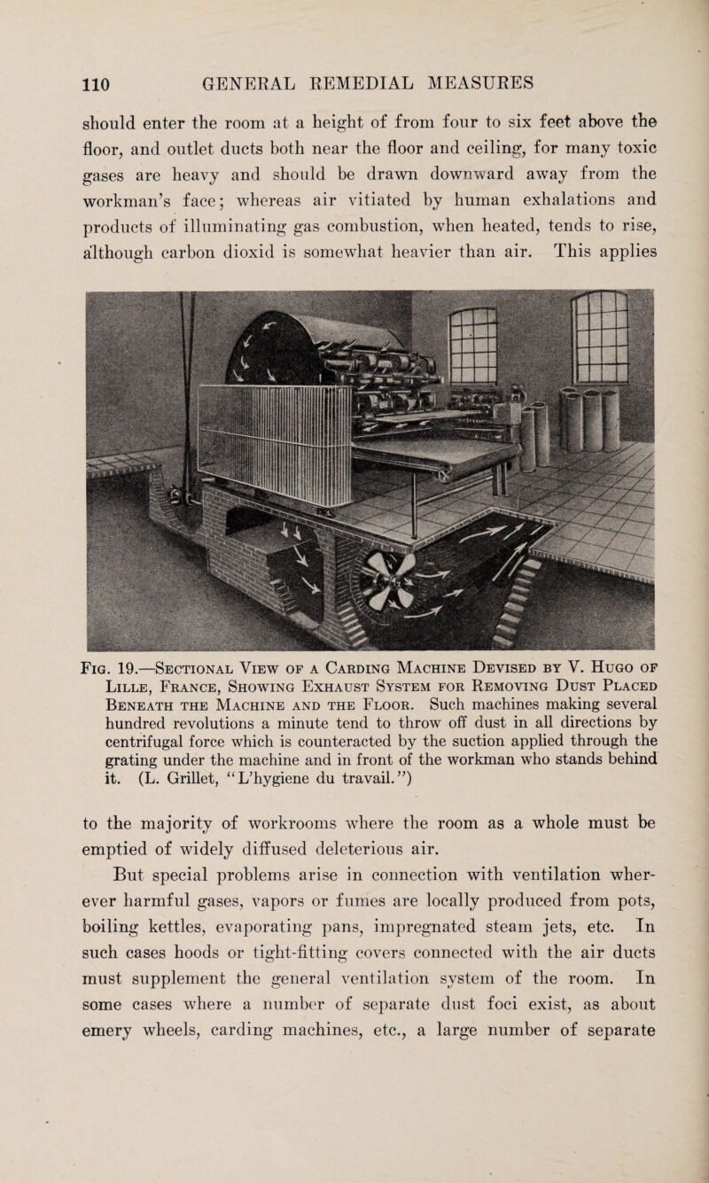 should enter the room at a height of from four to six feet above the floor, and outlet ducts both near the floor and ceiling, for many toxic gases are heavy and should be drawn downward away from the workman’s face; whereas air vitiated by human exhalations and products of illuminating gas combustion, when heated, tends to rise, although carbon dioxid is somewhat heavier than air. This applies Fig. 19.—Sectional View of a Carding Machine Devised by V. Hugo of Lille, France, Showing Exhaust System for Removing Dust Placed Beneath the Machine and the Floor. Such machines making several hundred revolutions a minute tend to throw off dust in all directions by centrifugal force which is counteracted by the suction applied through the grating under the machine and in front of the workman who stands behind it. (L. Grillet, “L’hygiene du travail.”) to the majority of workrooms where the room as a whole must be emptied of widely diffused deleterious air. But special problems arise in connection with ventilation wher¬ ever harmful gases, vapors or fumes are locally produced from pots, boiling kettles, evaporating pans, impregnated steam jets, etc. In such cases hoods or tight-fitting covers connected with the air ducts must supplement the general ventilation system of the room. In some cases where a number of separate dust foci exist, as about emery wheels, carding machines, etc., a large number of separate
