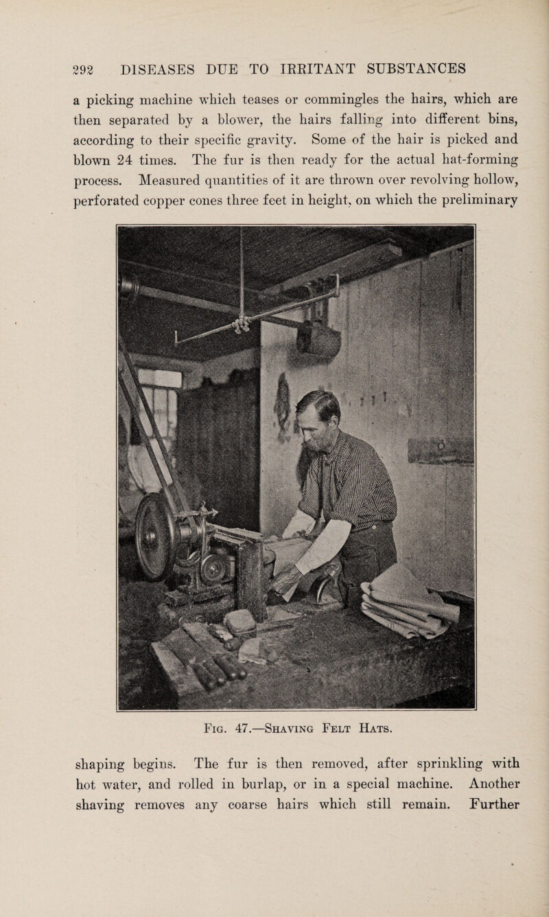 a picking machine which teases or commingles the hairs, which are then separated by a blower, the hairs falling into different bins, according to their specific gravity. Some of the hair is picked and blown 24 times. The fnr is then ready for the actual hat-forming process. Measured quantities of it are thrown over revolving hollow, perforated copper cones three feet in height, on which the preliminary Fig. 47.—Shaving Felt Hats. shaping begins. The fur is then removed, after sprinkling with hot water, and rolled in burlap, or in a special machine. Another shaving removes any coarse hairs which still remain. Further