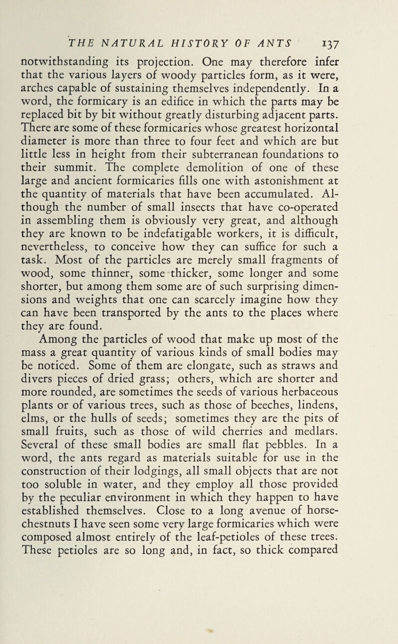 notwithstanding its projection. One may therefore infer that the various layers of woody particles form, as it were, arches capable of sustaining themselves independently. In a word, the formicary is an edifice in which the parts may be replaced bit by bit without greatly disturbing adjacent parts. There are some of these formicaries whose greatest horizontal diameter is more than three to four feet and which are but little less in height from their subterranean foundations to their summit. The complete demolition of one of these large and ancient formicaries fills one with astonishment at the quantity of materials that have been accumulated. Al¬ though the number of small insects that have co-operated in assembling them is obviously very great, and although they are known to be indefatigable workers, it is difficult, nevertheless, to conceive how they can suffice for such a task. Most of the particles are merely small fragments of wood, some thinner, some thicker, some longer and some shorter, but among them some are of such surprising dimen¬ sions and weights that one can scarcely imagine how they can have been transported by the ants to the places where they are found. Among the particles of wood that make up most of the mass a great quantity of various kinds of small bodies .may be noticed. Some of them are elongate, such as straws and divers pieces of dried grass; others, which are shorter and more rounded, are sometimes the seeds of various herbaceous plants or of various trees, such as those of beeches, lindens, elms, or the hulls of seeds; sometimes they are the pits of small fruits, such as those of wild cherries and medlars. Several of these small bodies are small flat pebbles. In a word, the ants regard as materials suitable for use in the construction of their lodgings, all small objects that are not too soluble in water, and they employ all those provided by the peculiar environment in which they happen to have established themselves. Close to a long avenue of horse- chestnuts I have seen some very large formicaries which were composed almost entirely of the leaf-petioles of these trees. These petioles are so long and, in fact, so thick compared