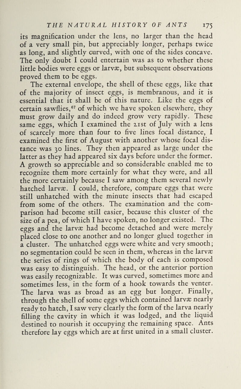 its magnification under the lens, no larger than the head of a very small pin, but appreciably longer, perhaps twice as long, and slightly curved, with one of the sides concave. The only doubt I could entertain was as to whether these little bodies were eggs or larvæ, but subsequent observations proved them to be eggs. The external envelope, the shell of these eggs, like that of the majority of insect eggs, is membranous, and it is essential that it shall be of this nature. Like the eggs of certain sawflies,67 of which we have spoken elsewhere, they must grow daily and do indeed grow very rapidly. These same eggs, which I examined the 2.1st of July with a lens of scarcely more than four to five lines focal distance, I examined the first of August with another whose focal dis¬ tance was 30 lines. They then appeared as large under the latter as they had appeared six days before under the former. A growth so appreciable and so considerable enabled me to recognize them more certainly for what they were, and all the more certainly because I saw among them several newly hatched larvæ. I could, therefore, compare eggs that were still unhatched with the minute insects that had escaped from some of the others. The examination and the com¬ parison had become still easier, because this cluster of the size of a pea, of which I have spoken, no longer existed. The eggs and the larvæ had become detached and were merely placed close to one another and no longer glued together in a cluster. The unhatched eggs were white and very smooth; no segmentation could be seen in them, whereas in the larvæ the series of rings of which the body of each is composed was easy to distinguish. The head, or the anterior portion was easily recognizable. It was curved, sometimes more and sometimes less, in the form of a hook towards the venter. The larva was as broad as an egg but longer. Finally, through the shell of some eggs which contained larvæ nearly ready to hatch, I saw very clearly the form of the larva nearly filling the cavity in which it was lodged, and the liquid destined to nourish it occupying the remaining space. Ants therefore lay eggs which are at first united in a small cluster.