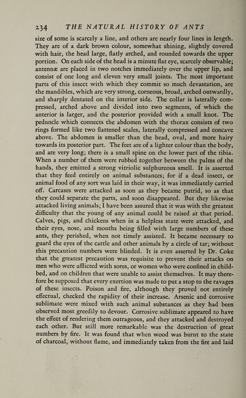 size of some is scarcely a line, and others are nearly four lines in length. They are of a dark brown colour, somewhat shining, slightly covered with hair, the head large, flatly arched, and rounded towards the upper portion. On each side of the head is a minute flat eye, scarcely observable; antennæ are placed in two notches immediately over the upper lip, and consist of one long and eleven very small joints. The most important parts of this insect with which they commit so much devastation, are the mandibles, which are very strong, corneous, broad, arched outwardly, and sharply dentated on the interior side. The collar is laterally com¬ pressed, arched above and divided into two segments, of which the anterior is larger, and the posterior provided with a small knot. The peduncle which connects the abdomen with the thorax consists of two rings formed like two flattened scales, laterally compressed and concave above. The abdomen is smaller than the head, oval, and more hairy towards its posterior part. The feet are of a lighter colour than the body, and are very long; there is a small spine on the lower part of the tibia. When a number of them were rubbed together between the palms of the hands, they emitted a strong vitriolic sulphureous smell. It is asserted that they feed entirely on animal substances; for if a dead insect, or animal food of any sort was laid in their way, it was immediately carried off. Carcases were attacked as soon as they became putrid, so as that they could separate the parts, and soon disappeared. But they likewise attacked living animals; I have been assured that it was with the greatest difficulty that the young of any animal could be raised at that period. Calves, pigs, and chickens when in a helpless state were attacked, and their eyes, nose, and mouths being filled with large numbers of these ants, they perished, when not timely assisted. It became necessary to guard the eyes of the cattle and other animals by a circle of tar; without this precaution numbers were blinded. It is even asserted by Dr. Coke that the greatest precaution was requisite to prevent their attacks on men who were afflicted with sores, or women who were confined in child¬ bed, and on children that were unable to assist themselves. It may there¬ fore be supposed that every exertion was made to put a stop to the ravages of these insects. Poison and fire, although they proved not entirely effectual, checked the rapidity of their increase. Arsenic and corrosive sublimate were mixed with such animal substances as they had been observed most greedily to devour. Corrosive sublimate appeared to have the effect of rendering them outrageous, and they attacked and destroyed each other. But still more remarkable was the destruction of great numbers by fire. It was found that when wood was burnt to the state of charcoal, without flame, and immediately taken from the fire and laid