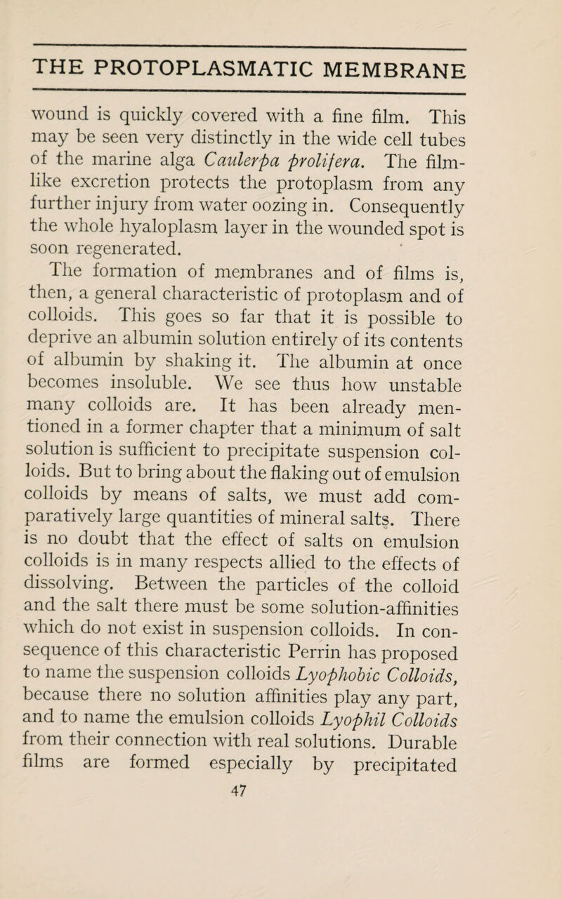 wound is quickly covered with a fine film. This may be seen very distinctly in the wide cell tubes of the marine alga Caulerpa prolifera. The film¬ like excretion protects the protoplasm from any further injury from water oozing in. Consequently the whole hyaloplasm layer in the wounded spot is soon regenerated. The formation of membranes and of films is, then, a general characteristic of protoplasm and of colloids. This goes so far that it is possible to deprive an albumin solution entirely of its contents of albumin by shaking it. The albumin at once becomes insoluble. We see thus how unstable many colloids are. It has been already men¬ tioned in a former chapter that a minimum of salt solution is sufficient to precipitate suspension col¬ loids. But to bring about the flaking out of emulsion colloids by means of salts, we must add com¬ paratively large quantities of mineral salts. There is no doubt that the effect of salts on emulsion colloids is in many respects allied to the effects of dissolving. Between the particles of the colloid and the salt there must be some solution-affinities which do not exist in suspension colloids. In con¬ sequence of this characteristic Perrin has proposed to name the suspension colloids Lyophobic Colloids, because there no solution affinities play any part, and to name the emulsion colloids Lyophil Colloids from their connection with real solutions. Durable films are formed especially by precipitated