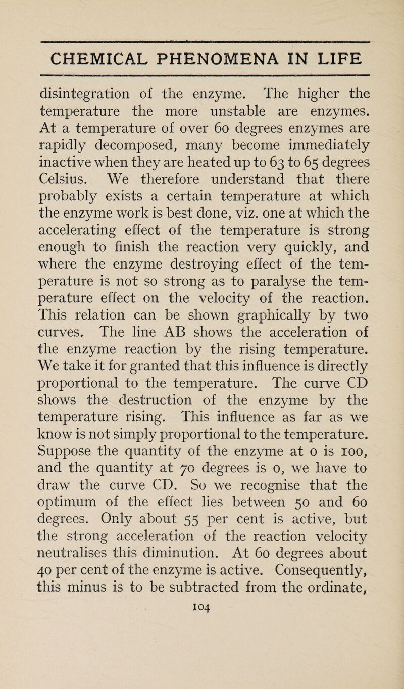 disintegration of the enzyme. The higher the temperature the more unstable are enzymes. At a temperature of over 60 degrees enzymes are rapidly decomposed, many become immediately inactive when they are heated up to 63 to 65 degrees Celsius. We therefore understand that there probably exists a certain temperature at which the enzyme work is best done, viz. one at which the accelerating effect of the temperature is strong enough to finish the reaction very quickly, and where the enzyme destroying effect of the tem¬ perature is not so strong as to paralyse the tem¬ perature effect on the velocity of the reaction. This relation can be shown graphically by two curves. The line AB shows the acceleration of the enzyme reaction by the rising temperature. We take it for granted that this influence is directly proportional to the temperature. The curve CD shows the destruction of the enzyme by the temperature rising. This influence as far as we know is not simply proportional to the temperature. Suppose the quantity of the enzyme at 0 is 100, and the quantity at 70 degrees is 0, we have to draw the curve CD. So we recognise that the optimum of the effect lies between 50 and 60 degrees. Only about 55 per cent is active, but the strong acceleration of the reaction velocity neutralises this diminution. At 60 degrees about 40 per cent of the enzyme is active. Consequently, this minus is to be subtracted from the ordinate,