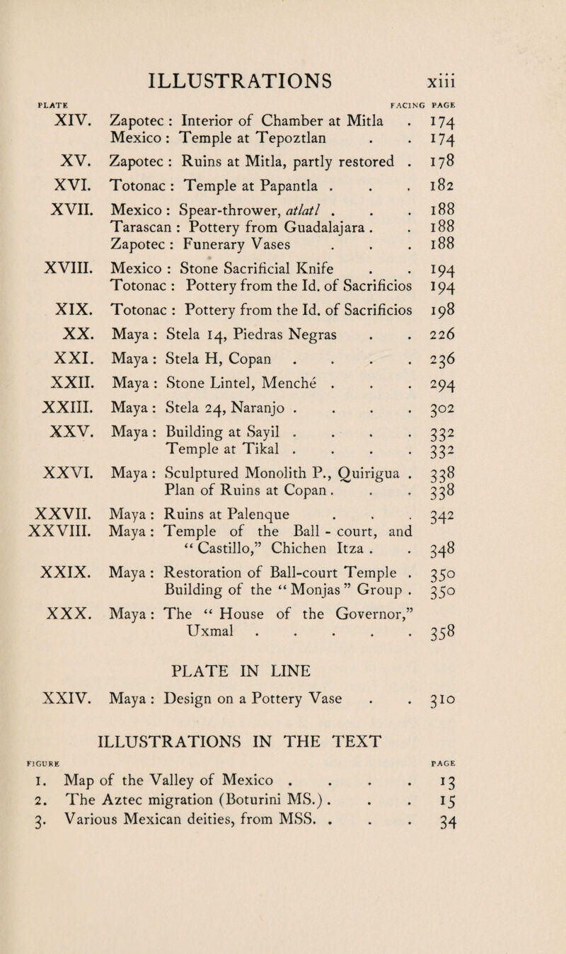 PLATE FACING PAGE XIV. Zapotec : Interior of Chamber at Mitla . 174 Mexico: Temple at Tepoztlan . .174 XV. Zapotec : Ruins at Mitla, partly restored . 178 XVI. Totonac : Temple at Papantla . . .182 XVII. Mexico: Spear-thrower, atlatl . . .188 Tarascan : Pottery from Guadalajara . . 188 Zapotec: Funerary Vases . . .188 XVIII. Mexico : Stone Sacrificial Knife . .194 Totonac : Pottery from the Id. of Sacrifices 194 XIX. Totonac: Pottery from the Id. of Sacrifices 198 XX. Maya: Stela 14, Piedras Negras . . 226 XXI. Maya: Stela H, Copan . . . .236 XXII. Maya: Stone Lintel, Menche . . . 294 XXIII. Maya : Stela 24, Naranjo .... 302 XXV. Maya: Building at Sayil . . . . 332 Temple at Tikal .... 332 XXVI. Maya: Sculptured Monolith P., Quirigua . 338 Plan of Ruins at Copan. . , 338 XXVII. Maya: Ruins at Palenque . . . 342 XXVIII. Maya: Temple of the Ball - court, and “ Castillo,” Chichen Itza . . 348 XXIX. Maya : Restoration of Ball-court Temple . 350 Building of the “ Monjas ” Group . 350 XXX. Maya: The “ House of the Governor,” Uxmal ..... 358 PLATE IN LINE XXIV. Maya: Design on a Pottery Vase . .310 ILLUSTRATIONS IN THE TEXT FIGURE PAGE 1. Map of the Valley of Mexico . . . .13 2. The Aztec migration (Boturini MS.) . . .15 3. Various Mexican deities, from MSS. . . . 34