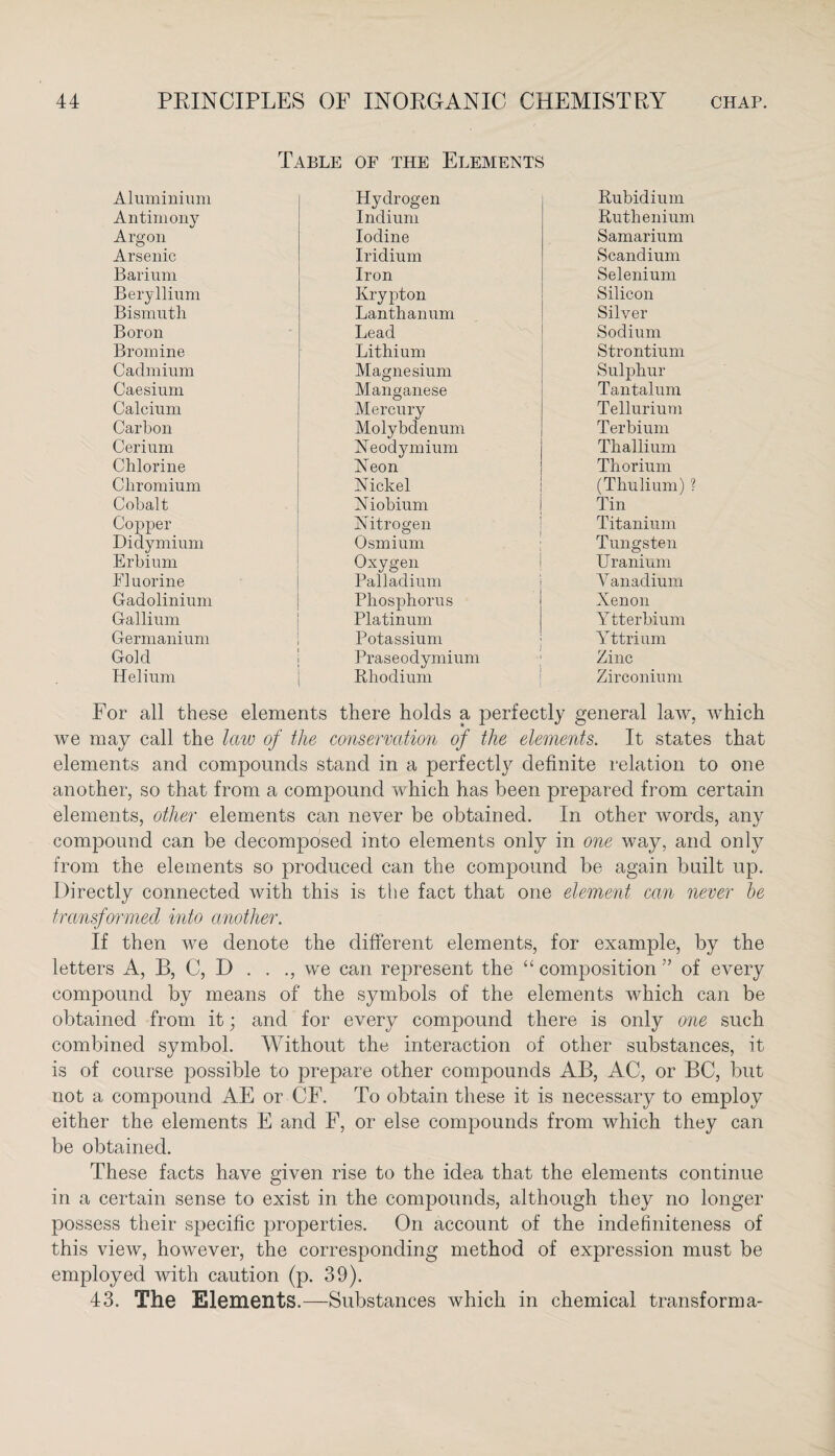 Table of the Elements Aluminium Hydrogen Rubidium Antimony Indium Ruthenium Argon Iodine Samarium Arsenic Iridium Scandium Barium Iron Selenium Beryllium Krypton Silicon Bismuth Lanthanum Silver Boron Lead Sodium Bromine Lithium Strontium Cadmium Magnesium Sulphur Caesium Manganese Tantalum Calcium Mercury Tellurium Carbon Molybdenum Terbium Cerium Neodymium Thallium Chlorine Neon Thorium Chromium Nickel (Thulium) ? Cobalt N iobium Tin Copper Nitrogen Titanium Didymium Osmium Tungsten Erbium Oxygen Uranium Fluorine Palladium Vanadium Gadolinium Phosphorus Xenon Gallium Platinum Ytterbium Germanium Potassium Yttrium Gold Praseodymium Zinc Helium Rhodium Zirconium For all these elements there holds a perfectly general law, which we may call the law of the conservation of the elements. It states that elements and compounds stand in a perfectly definite relation to one another, so that from a compound which has been prepared from certain elements, other elements can never he obtained. In other words, any compound can be decomposed into elements only in one way, and only from the elements so produced can the compound be again built up. Directly connected with this is the fact that one element can never be transformed into another. If then we denote the different elements, for example, by the letters A, B, C, D . . ., we can represent the “ composition ” of every compound by means of the symbols of the elements which can be obtained from it; and for every compound there is only one such combined symbol. Without the interaction of other substances, it is of course possible to prepare other compounds AB, AC, or BC, but not a compound AE or CF. To obtain these it is necessary to employ either the elements E and F, or else compounds from which they can be obtained. These facts have given rise to the idea that the elements continue in a certain sense to exist in the compounds, although they no longer possess their specific properties. On account of the indefiniteness of this view, however, the corresponding method of expression must be employed with caution (p. 39). 43. The Elements.—Substances which in chemical transforma-