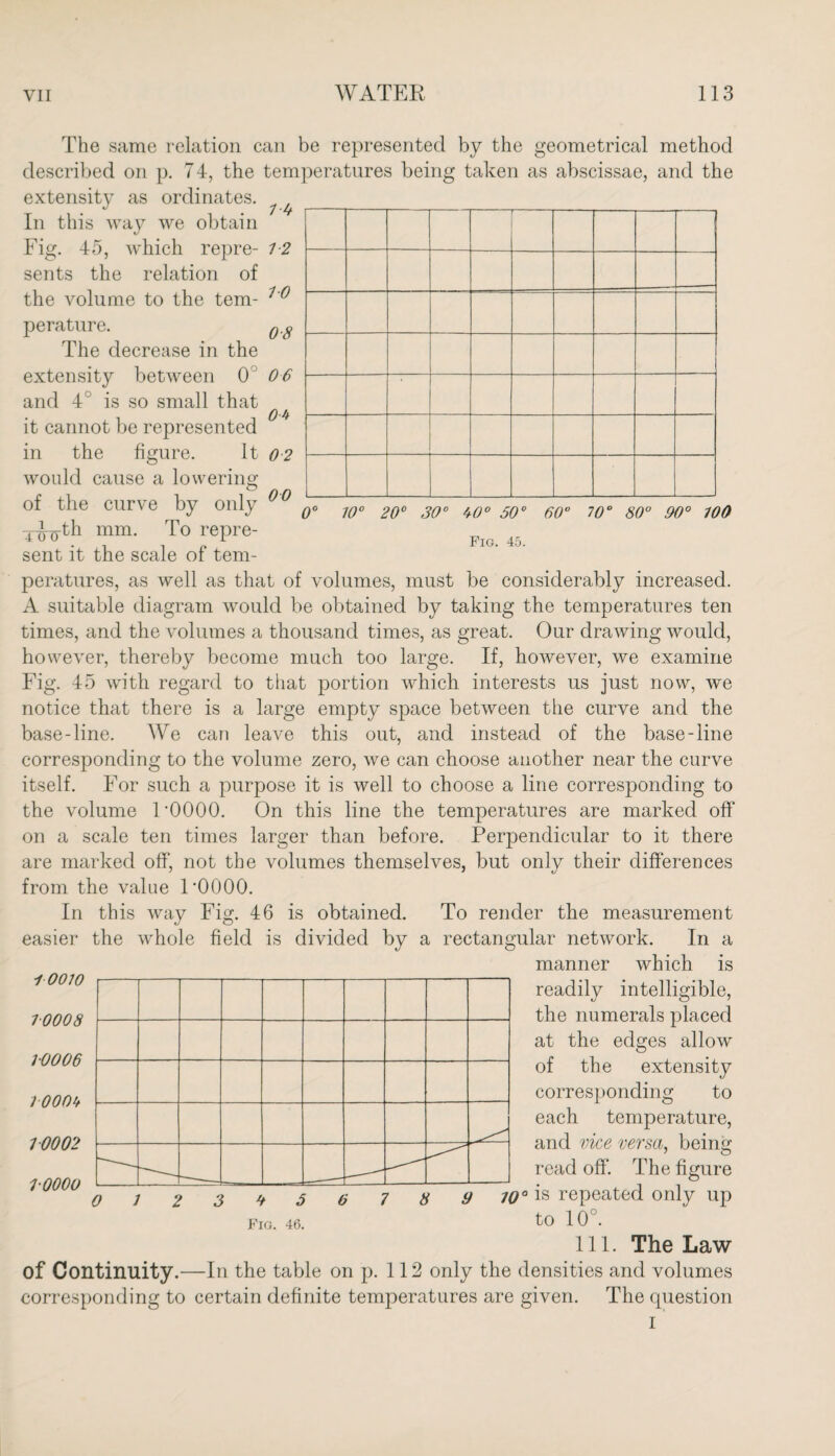 The same relation can be represented by the geometrical method described on p. 74, the temperatures being taken as abscissae, and the extensity as ordinates. In this way we obtain Fig. 45, which repre- 12 sents the relation of the volume to the tern- 10 perature. The decrease in the extensity between 0° and 4 is so small that it cannot be represented in the figure. It 02 0-8 0 6 0* figure, would cause a lowering 00 0° 10° 20° 300 40° 60° 60° W° 80° 90° 100 Fig. 45. of the curve by only T-J-0-th mm. To repre¬ sent it the scale of tem¬ peratures, as well as that of volumes, must be considerably increased. A suitable diagram would be obtained by taking the temperatures ten times, and the volumes a thousand times, as great. Our drawing would, however, thereby become much too large. If, however, we examine Fig. 45 writh regard to that portion which interests us just now, we notice that there is a large empty space between the curve and the base-line. We can leave this out, and instead of the base-line corresponding to the volume zero, we can choose another near the curve itself. For such a purpose it is well to choose a line corresponding to the volume l’OOOO. On this line the temperatures are marked off on a scale ten times larger than before. Perpendicular to it there are marked off, not the volumes themselves, but only their differences from the value l’OOOO. In this way Fig. 46 is obtained, the whole field is divided by To render easier 10070 70008 1-0006 1 0004 10002 1-0000 a rectangular the measurement network. In a manner which is readily intelligible, the numerals placed at the edges allow of the extensity corresponding to each temperature, and vice versa, being read off’. The figure is repeated only up to 10°. 111. The Law of Continuity.—In the table on p. 112 only the densities and volumes corresponding to certain definite temperatures are given. The question