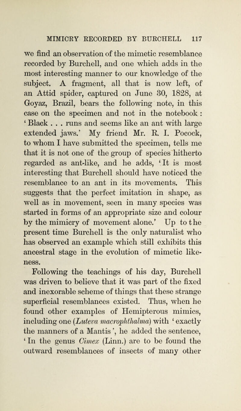 we find an observation of the mimetic resemblance recorded by Burchell, and one which adds in the most interesting manner to our knowledge of the subject. A fragment, all that is now left, of an Attid spider, captured on June 30, 1828, at Goyaz, Brazil, bears the following note, in this case on the specimen and not in the notebook : ‘ Black . . . runs and seems like an ant with large extended jaws.’ My friend Mr. R. I. Pocock, to whom I have submitted the specimen, tells me that it is not one of the group of species hitherto regarded as ant-like, and he adds, 4 It is most interesting that Burchell should have noticed the resemblance to an ant in its movements. This suggests that the perfect imitation in shape, as well as in movement, seen in many species was started in forms of an appropriate size and colour by the mimicry of movement alone/ Up to the present time Burchell is the only naturalist who has observed an example which still exhibits this ancestral stage in the evolution of mimetic like¬ ness. Following the teachings of his day, Burchell was driven to believe that it was part of the fixed and inexorable scheme of things that these strange superficial resemblances existed. Thus, when he found other examples of Hemipterous mimics, including one (Lutevci macrophthalma) with 4 exactly the manners of a Mantis ’, he added the sentence, 4 In the genus Cimex (Linn.) are to be found the outward resemblances of insects of many other