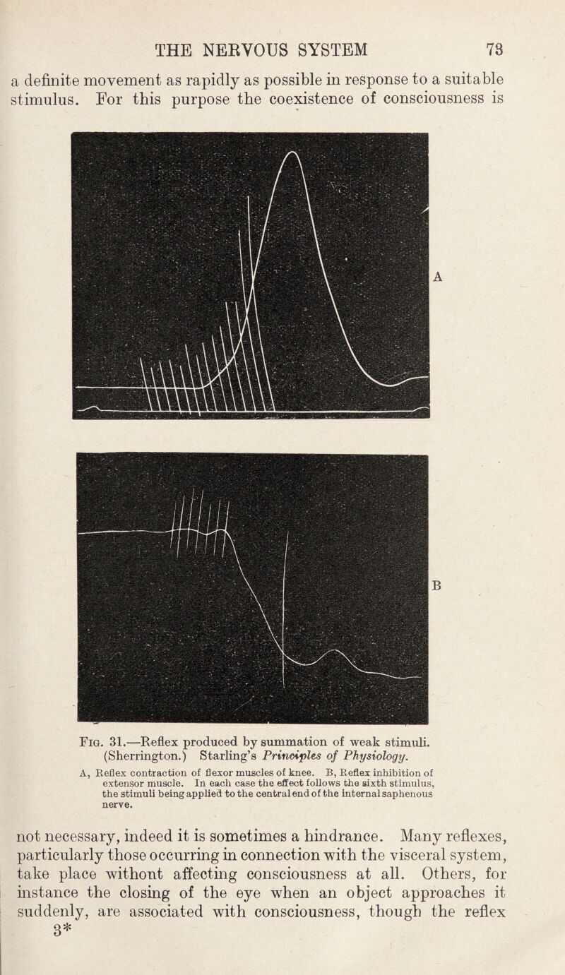 a definite movement as rapidly as possible in response to a suitable stimulus. For this purpose the coexistence of consciousness is B Fig. 31.—Reflex produced by summation of weak stimuli. (Sherrington.) Starling’s Principles of Physiology. A, Reflex contraction of flexor muscles of knee. B, Reflex inhibition of extensor muscle. In each case the effect follows the sixth stimulus, the stimuli being applied to the central end of the internal saphenous nerve. not necessary, indeed it is sometimes a hindrance. Many reflexes, particularly those occurring in connection with the visceral system, take place without affecting consciousness at all. Others, for instance the closing of the eye when an object approaches it suddenly, are associated with consciousness, though the reflex 8*