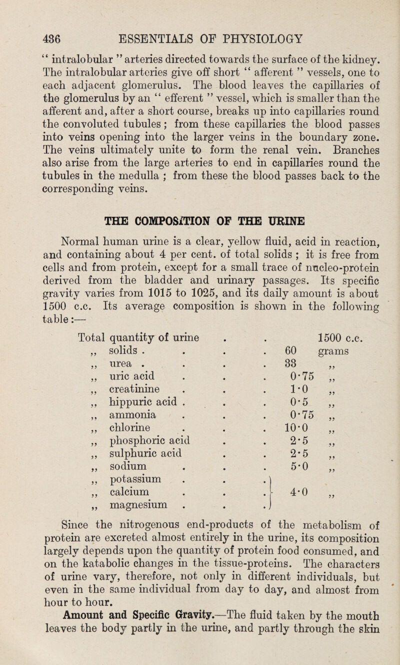 “ intralobular ” arteries directed towards the surface of the kidney. The intralobular arteries give off short “ afferent ” vessels, one to each adjacent glomerulus. The blood leaves the capillaries of the glomerulus by an “ efferent ” vessel, which is smaller than the afferent and, after a short course, breaks up into capillaries round the convoluted tubules; from these capillaries the blood passes into veins opening into the larger veins in the boundary zone. The veins ultimately unite to form the renal vein. Branches also arise from the large arteries to end in capillaries round the tubules in the medulla ; from these the blood passes back to the corresponding veins. THE COMPOSITION OF THE URINE Normal human urine is a clear, yellow fluid, acid in reaction, and containing about 4 per cent, of total solids ; it is free from cells and from protein, except for a small trace of nucleo-protein derived from the bladder and urinary passages. Its specific gravity varies from 1015 to 1025, and its daily amount is about 1500 c.c. Its average composition is shown in the following table:— Total quantity of urine 1500 c.c. ,, solids .... 60 grams ,, urea .... 33 ,, uric acid 0-75 „ ,, creatinine 1-0 „ ,, hippuric acid . 0-5 „ ,, ammonia 0-75 „ ,, chlorine 10-0 „ ,, phosphoric acid 2-5 „ ,, sulphuric acid 2-5 „ ,, sodium 5-0 „ ,, potassium ,, calcium - 4-0 „ „ magnesium Since the nitrogenous end-products of the metabolism protein are excreted almost entirely in the urine, its composition largely depends upon the quantity of protein food consumed, and on the katabolic changes in the tissue-proteins. The characters of urine vary, therefore, not only in different individuals, but even in the same individual from day to day, and almost from hour to hour. Amount and Specific Gravity.—The fluid taken by the mouth leaves the body partly in the urine, and partly through the skin