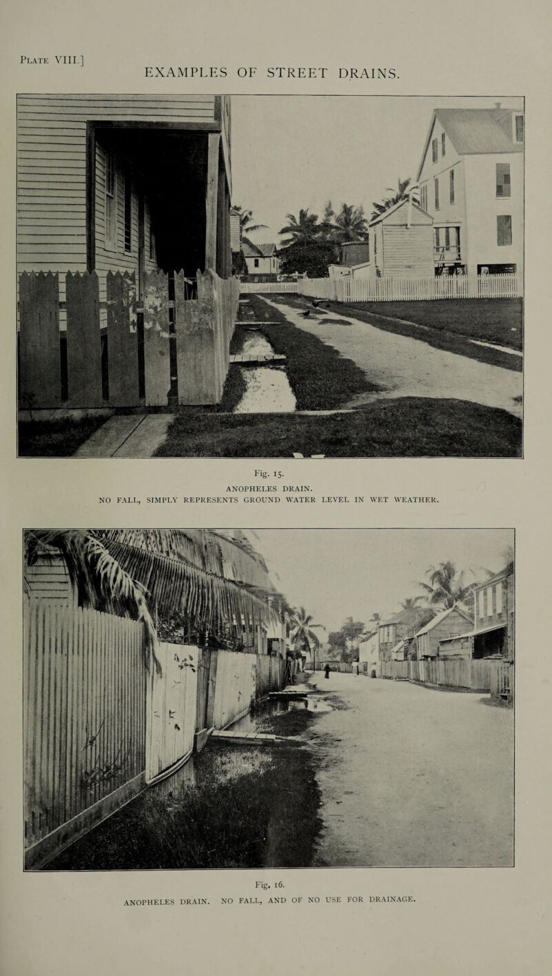 EXAMPLES OF STREET DRAINS. Fig- IS- ANOPHELES DRAIN. NO FALL, SIMPLY REPRESENTS GROUND WATER LEVEL IN WET WEATHER. Fig. 16. ANOPHELES DRAIN. NO FALL, AND OF NO USE FOR DRAINAGE.