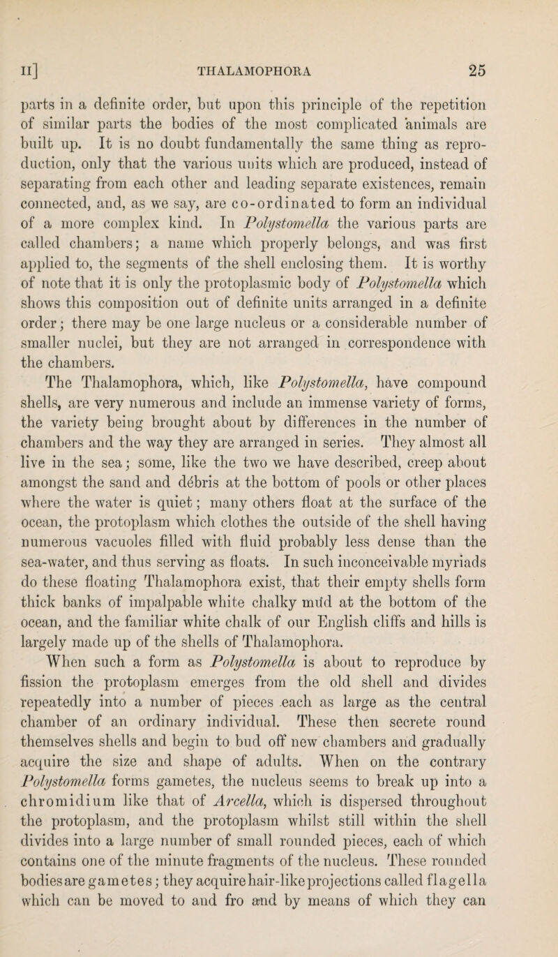 parts in a definite order, but upon this principle of the repetition of similar parts the bodies of the most complicated animals are built up. It is no doubt fundamentally the same thing as repro¬ duction, only that the various units which are produced, instead of separating from each other and leading separate existences, remain connected, and, as we say, are co-ordinated to form an individual of a more complex kind. In Polystomella the various parts are called chambers; a name which properly belongs, and was first applied to, the segments of the shell enclosing them. It is worthy of note that it is only the protoplasmic body of Polystomella which shows this composition out of definite units arranged in a definite order; there may be one large nucleus or a considerable number of smaller nuclei, but they are not arranged in correspondence with the chambers. The Thalamophora, which, like Polystomella, have compound shells, are very numerous and include an immense variety of forms, the variety being brought about by differences in the number of chambers and the way they are arranged in series. They almost all live in the sea; some, like the two we have described, creep about amongst the sand and debris at the bottom of pools or other places where the water is quiet; many others float at the surface of the ocean, the protoplasm which clothes the outside of the shell having numerous vacuoles filled with fluid probably less dense than the sea-water, and thus serving as floats. In such inconceivable myriads do these floating Thalamophora exist, that their empty shells form thick banks of impalpable white chalky miid at the bottom of the ocean, and the familiar white chalk of our English cliffs and hills is largely made up of the shells of Thalamophora. When such a form as Polystomella is about to reproduce by fission the protoplasm emerges from the old shell and divides repeatedly into a number of pieces .each as large as the central chamber of an ordinary individual. These then secrete round themselves shells and begin to bud off new chambers and gradually acquire the size and shape of adults. When on the contrary Polystomella forms gametes, the nucleus seems to break up into a chromidium like that of Arcella, which is dispersed throughout the protoplasm, and the protoplasm whilst still within the shell divides into a large number of small rounded pieces, each of which contains one of the minute fragments of the nucleus. These rounded bodies are gametes; they acquire hair-like projections called f 1 a g e 11 a which can be moved to and fro and by means of which they can