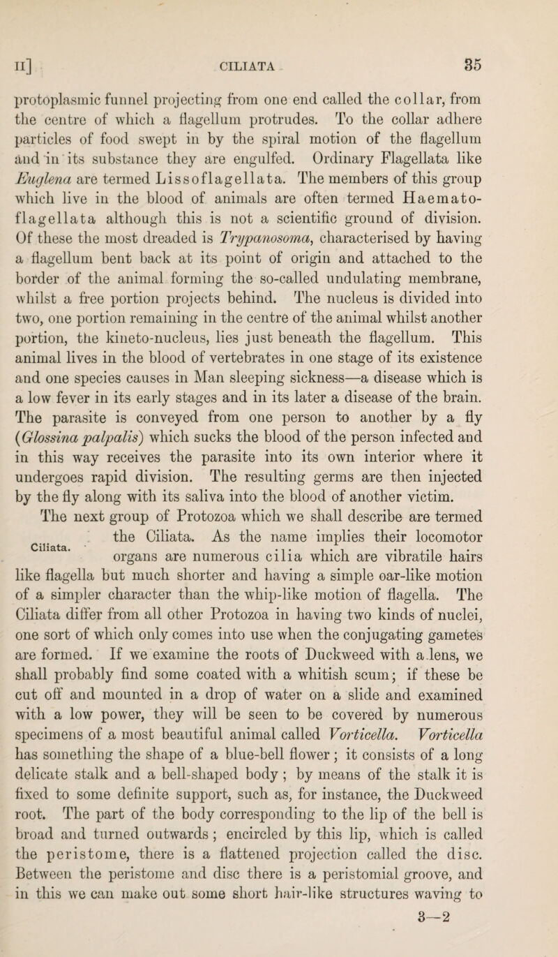 protoplasmic funnel projecting from one end called the collar, from the centre of which a flagellum protrudes. To the collar adhere particles of food swept in by the spiral motion of the flagellum and in its substance they are engulfed. Ordinary Flagellata like Euglena are termed Lissoflagellata. The members of this group which live in the blood of animals are often termed Haemato- flagellata although this is not a scientific ground of division. Of these the most dreaded is Trypanosoma, characterised by having a flagellum bent back at its point of origin and attached to the border of the animal forming the so-called undulating membrane, whilst a free portion projects behind. The nucleus is divided into two, one portion remaining in the centre of the animal whilst another portion, the kineto-nucleus, lies just beneath the flagellum. This animal lives in the blood of vertebrates in one stage of its existence and one species causes in Man sleeping sickness—a disease which is a low fever in its early stages and in its later a disease of the brain. The parasite is conveyed from one person to another by a fly (Glossina palpalis) which sucks the blood of the person infected and in this way receives the parasite into its own interior where it undergoes rapid division. The resulting germs are then injected by the fly along with its saliva into the blood of another victim. The next group of Protozoa which we shall describe are termed the Ciliata. As the name implies their locomotor Ciliata. • • • • • organs are numerous cilia which are vibratile hairs like flagella but much shorter and having a simple oar-like motion of a simpler character than the whip-like motion of flagella. The Ciliata differ from all other Protozoa in having two kinds of nuclei, one sort of which only comes into use when the conjugating gametes are formed. If we examine the roots of Duckweed with a lens, we shall probably find some coated with a whitish scum; if these be cut off and mounted in a drop of water on a slide and examined with a low power, they will be seen to be covered by numerous specimens of a most beautiful animal called Vorticella. Vorticella has something the shape of a blue-bell flower; it consists of a long- delicate stalk and a bell-shaped body ; by means of the stalk it is fixed to some definite support, such as, for instance, the Duckweed root. The part of the body corresponding to the lip of the bell is broad and turned outwards ; encircled by this lip, which is called the peristome, there is a flattened projection called the disc. Between the peristome and disc there is a peristomial groove, and in this we can make out some short hair-like structures waving to 3—2