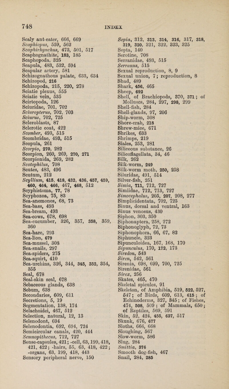 Scaly ant-eater, 666, 669 Scaphiopus, 559, 562 Scaphirhynchus, 473, 501, 517 Scaphognathite, 183, 185 Scaphopoda, 325 Scapula, 483, 532, 594 Scapular artery, 581 Schizognathous palate, 633, 634 Schizopod, 216 Schizopoda, 215, 220, 278 Sciatic plexus, 555 Sciatic vein, 535 Scirtopoda, 126 Sciuridae, 701, 702 Sciuropterus, 702, 703 Sciurus, 702, 725 Scleroblasts, 87 Sclerotic coat, 422 Scomber, 493, 515 Scombridae, 493, 515 Scopula, 261 Scorpio, 270, 282 Scorpion, 260, 269, 270, 271 Scorpionida, 269, 282 Scotophilus, 708 Scutes, 483, 496 Scutum, 212 ScyIlium, 415, 418, 432, 436, 457, 459, 460, 464, 466, 467, 468, 512 Scyphistoma, 77, 78 Scyphozoa, 75, 83 Sea-anemones, 68, 73 Sea-bass, 493 Sea-bream, 493 Sea-cows, 678, 698 Sea-cucumber, 326, 357, 358, 359, 360 Sea-hare, 293 Sea-lion, 679 Sea-mussel, 308 Sea-snails, 297 Sea-spiders, 275 Sea-squirt, 410 Sea-urchins, 326, 344, 345, 352, 354, 355 Seal, 678 Seal-skin seal, 678 Sebaceous glands, 638 Sebum, 638 Secondaries, 609, 611 Secretions, 5, 19 Segmentation, 138, 174 Selaehoidei, 467, 512 Selection, natural, 12, 13 Selenodont, 694 Selenodontia, 692, 694, 724 Semicircular canals, 420, 444 Semnopithecus, 712, 727 Sense-capsules, 421; -cell, 63,199,418, 421, 422; -hairs, 55, 63, 418, 422; -organs, 63, 199, 418, 443 Sensory peripheral nerve, 150 Sepia, 312, 313, 314, 316, 317, 318, 319, 320, 321, 322, 323, 325 Septa, 140 Serotine, 708 Serranidae, 493, 515 Serranus, 515 Sexual reproduction, 8, 9 Sexual union, 7; reproduction, 8 Shad, 489 Shark, 456, 465 Sheep, 692 Shell, of Brachiopods, 370, 371; of Molluscs, 284, 297, 298, 299 Shell-fish, 284 Shell-glands, 97, 206 Ship-worm, 308 Shore-crab, 218 Shrew-mice, 671 Shrikes, 633 Shrimps, 219 Siales, 253, 281 Siliceous substance, 26 Silieoflagellata, 34, 46 Silk, 262 Silk-worm, 249 Silk-worm moth, 250, 258 Siluridae, 491, 514 Silver-fish, 251 Simia, 711, 712, 727 Simiidae, 712, 7.13, 727 Simocephalus, 205, 207, 208, 277 Simplicidentata, 702, 725 Sinus, dorsal and ventral, 163 Sinus venosus, 430 Siphon, 303, 350 Siphonaptera, 258, 272 Siphonoglyph, 72, 73 Siphonophora, 66, 67, 82 Siphuncle, 323 Sipunculoidea, 167, 168, 170 Sipunculus, 170, 172, 173 Siredon, 543 Siren, 542, 561 Sirenia, 698, 699, 700, 725 Sirenidae, 561 Sir ex, 256 Skates, 465, 470 Skeletal spicules, 91 Skeleton, of Amphibia, 519, 622, 527, 547; of Birds, 609, 613, 615 ; of Echinoderms, 327, 345; of Fishes, 474, 508, 509 ; of Mammals, 650; of Keptiles, 569, 591 Skin, 52, 424, 455, 637, 517 Skunk, 676, 677 Sloths, 666, 668 Sloughing, 567 Slow-worm, 586 Slug, 284 Smittia, 376 Smooth dog-fish, 467 Snail, 284, 285