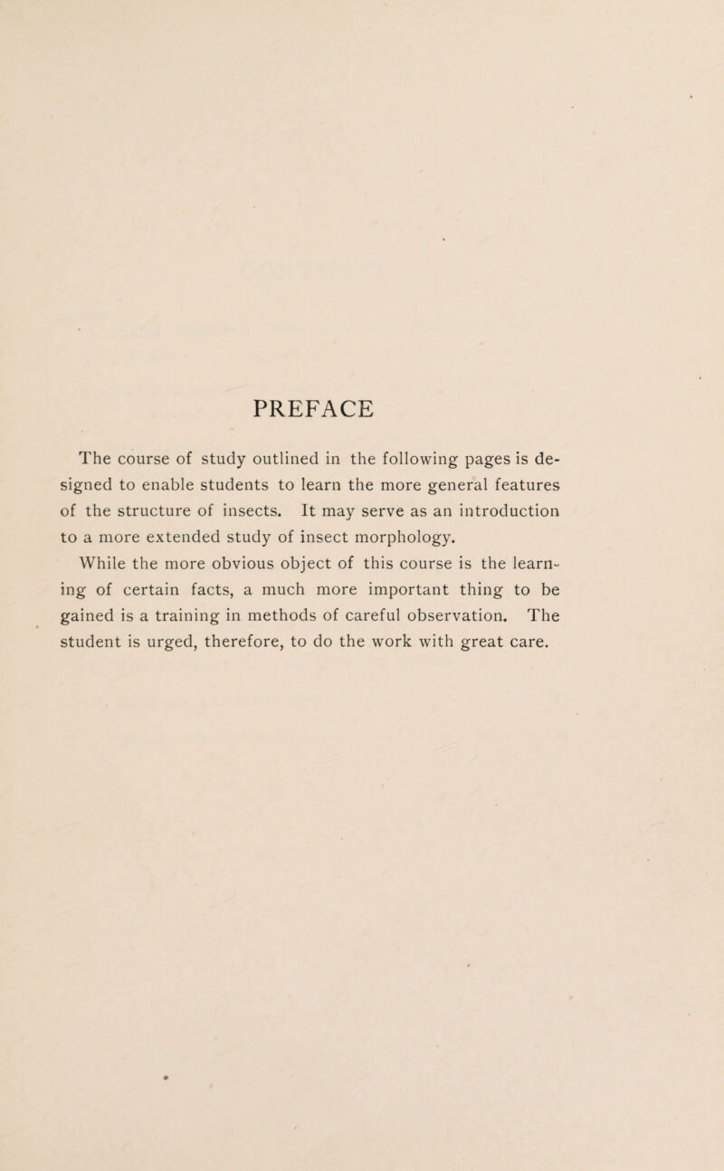 PREFACE The course of study outlined in the following pages is de¬ signed to enable students to learn the more general features of the structure of insects. It may serve as an introduction to a more extended study of insect morphology. While the more obvious object of this course is the learn¬ ing of certain facts, a much more important thing to be gained is a training in methods of careful observation. The student is urged, therefore, to do the work with great care.