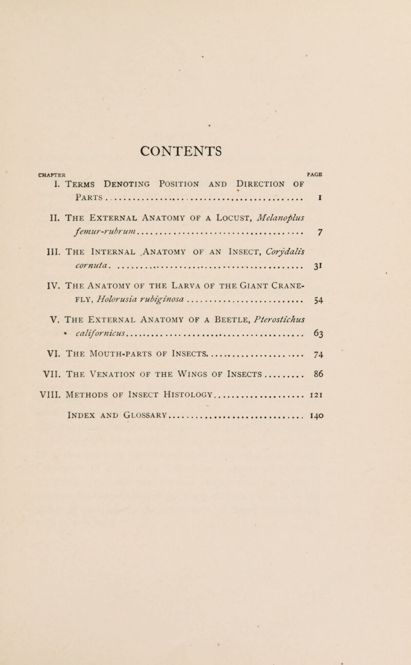 CONTENTS CHAPTER PAGB I. Terms Denoting Position and Direction of Parts ... i II. The External Anatomy of a Locust, Melanoplus femur-rubrum. 7 III. The Internal Anatomy of an Insect, Corydalis cor nut a. 31 IV. The Anatomy of the Larva of the Giant Crane- fly, Holorusia rubigi?iosa. 54 V. The External Anatomy of a Beetle, Pterostichus • calif'or nicus. 63 VI. The Mouth-parts of Insects. 74 VII. The Venation of the Wings of Insects. 86 VIII. Methods of Insect Histology. 121 Index and Glossary. 140