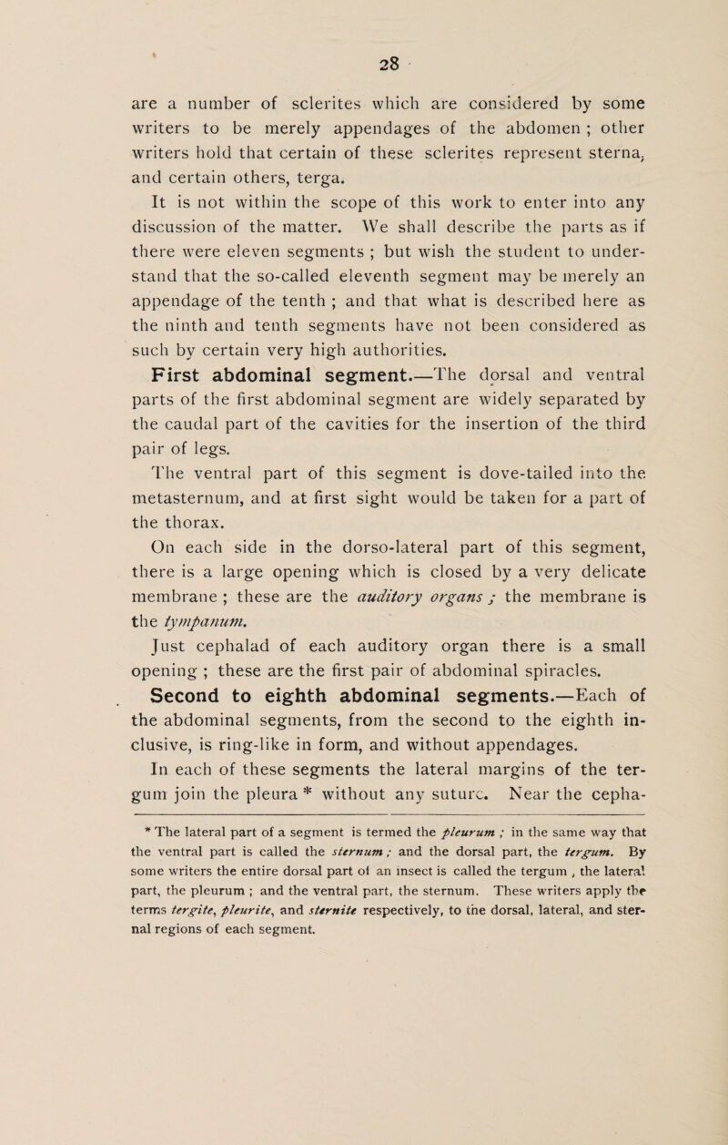 are a number of sclerites which are considered by some writers to be merely appendages of the abdomen ; other writers hold that certain of these sclerites represent sterna, and certain others, terga. It is not within the scope of this work to enter into any discussion of the matter. We shall describe the parts as if there were eleven segments ; but wish the student to under¬ stand that the so-called eleventh segment may be merely an appendage of the tenth ; and that what is described here as the ninth and tenth segments have not been considered as such by certain very high authorities. First abdominal segment.—The dorsal and ventral parts of the first abdominal segment are widely separated by the caudal part of the cavities for the insertion of the third pair of legs. The ventral part of this segment is dove-tailed into the metasternum, and at first sight would be taken for a part of the thorax. On each side in the dorso-lateral part of this segment, there is a large opening which is closed by a very delicate membrane ; these are the auditory organs ; the membrane is the tympanum. Just cephatad of each auditory organ there is a small opening ; these are the first pair of abdominal spiracles. Second to eighth abdominal segments.—Each of the abdominal segments, from the second to the eighth in¬ clusive, is ring-like in form, and without appendages. In each of these segments the lateral margins of the ter¬ gum join the pleura * without any suture. Near the cepha- * The lateral part of a segment is termed the pleurum ; in the same way that the ventral part is called the stirnum ; and the dorsal part, the tergum. By some writers the entire dorsal part oi an insect is called the tergum , the lateral part, the pleurum ; and the ventral part, the sternum. These writers apply the terms tergite, pleurite, and sternite respectively, to the dorsal, lateral, and ster¬ nal regions of each segment.