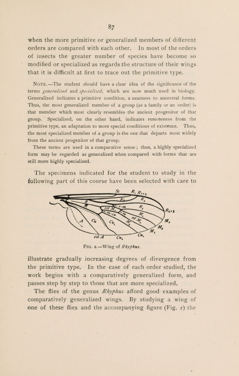 when the more primitive or generalized members of different orders are compared with each other. In most of the orders of insects the greater number of species have become so modified or specialized as regards the structure of their wings that it is difficult at first to trace out the primitive type. Note.—The student should have a clear idea of the significance of the terms generalized and specialized, which are now much used in biology. Generalized indicates a primitive condition, a nearness to ancestral forms. Thus, the most generalized member of a group (as a family or an order) is that member which most clearly resembles the ancient progenitor of that group. Specialized, on the other hand, indicates remoteness from the primitive type, an adaptation to more special conditions of existence. Thus, the most specialized member of a group is the one that departs most widely from the ancient progenitor of that group. These terms are used in a comparative sense ; thus, a highly specialized form may be regarded as generalized when compared with forms that are still more highly specialized. The specimens indicated for the student to study in the following part of this course have been selected with care to A Cux Fig. 2.—Wing of Rhyphus. illustrate gradually increasing degrees of divergence from the primitive type. In the case of each order studied, the work begins with a comparatively generalized form, and passes step by step to those that are more specialized. The flies of the genus Rhyphus afford good examples of comparatively generalized wings. By studying a wing of one of these flies and the accompanying figure (Fig. 2) the