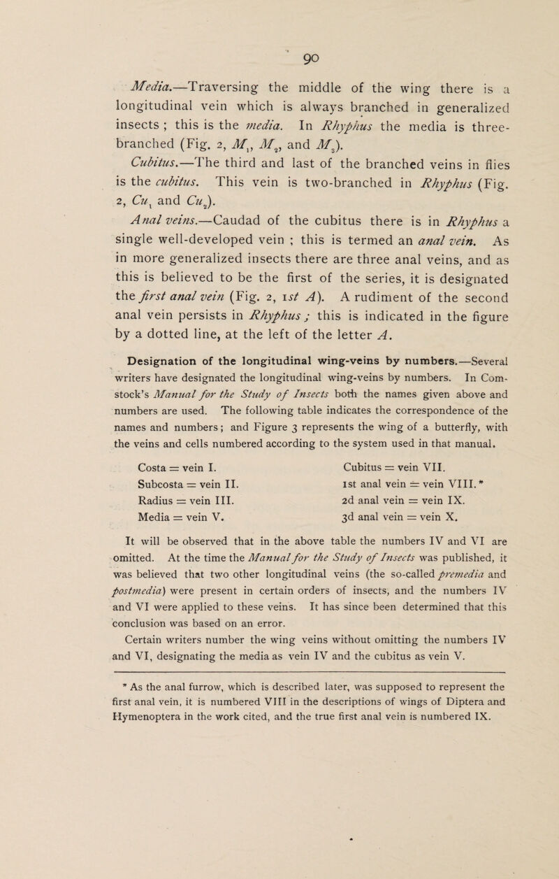 Media.—Traversing the middle of the wing there is a longitudinal vein which is always branched in generalized insects ; this is the media. In Rhyphus the media is three- branched (Fig. 2, Mv and M3). Cubitus.—The third and last of the branched veins in flies is the cubitus. This vein is two-branched in Rhyphus (Fig. 2, Cux and Cufi Anal veins.—Caudad of the cubitus there is in Rhyphus a single well-developed vein ; this is termed an anal vein. As in more generalized insects there are three anal veins, and as this is believed to be the first of the series, it is designated the first anal vein (Fig. 2, 1st A). A rudiment of the second anal vein persists in Rhyphus ; this is indicated in the figure by a dotted line, at the left of the letter A. Designation of the longitudinal wing-veins by numbers.—Several writers have designated the longitudinal wing-veins by numbers. In Com¬ stock’s Manual for the Study of Insects both the names given above and numbers are used. The following table indicates the correspondence of the names and numbers; and Figure 3 represents the wing of a butterfly, with the veins and cells numbered according to the system used in that manual. Costa r= vein I. Subcosta = vein II. Radius = vein III. Media = vein V. Cubitus = vein VII. 1st anal vein = vein VIII. * 2d anal vein = vein IX. 3d anal vein = vein X. It will be observed that in the above table the numbers IV and VI are omitted. At the time the Manual for the Study of Insects was published, it was believed that two other longitudinal veins (the so-called pi'emedia and postmedia) were present in certain orders of insects, and the numbers IV and VI were applied to these veins. It has since been determined that this conclusion was based on an error. Certain writers number the wing veins without omitting the numbers IV and VI, designating the media as vein IV and the cubitus as vein V. * As the anal furrow, which is described later, was supposed to represent the first anal vein, it is numbered VIII in the descriptions of wings of Diptera and Hymenoptera in the work cited, and the true first anal vein is numbered IX.
