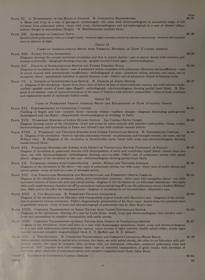 Page Plate XI. A. Hypertrophy of the Heart in Infants. B. Congenital Rhabdomyoma.26-27 A. Heart and x-ray in a case of glycogenic cardiomegaly—the same with electrocardiogram in anomalous origin of left coronary from pulmonary artery—heart with x-ray, electrocardiogram and microphotograph in a case of chronic inflam¬ matory changes in myocardium (Ivugel). B. Rhabdomyoma (nodular form). Plate XII. Anomalies of Coronary Sinus.28-29 Receives both pulmonary veins as a single trunk—receives right coronary artery by arterio-venous loop—receives left superior cava in absence of right. Group II Cases of Arterial-venous Shunt with Terminal Reversal of Flow (Cyanose tardive) Plate XIII. Patent Ductus Arteriosus.32-33 Diagrams showing the normal and foetal circulation and that in patent ductus—case of patent ductus with infective pul¬ monary endarteritis—skiagraph showing x-ray cap—graphic record of heart signs—electrocardiogram. Plate XIV. Defects of Interauricular Septum and Patent Foramen Ovale.34-35 Diagrams of circulation in the above—case of persistent ostium secundum with pulmonary dilatation and insufficiency—case of mitral stenosis with interauricular insufficiency—orthodiagraph of same—persistent ostium primum, two cases, one in mongolian idiocy—paradoxical embolism in patent foramen ovale—Osier’s case of premature closure of foramen ovale. Plate XV. A. Defects of Interventricular Septum. B. Defects of Aortic Septum.36-37 A. Diagram of the circulation—hearts from three cases of defect at base of interventricular septum, one with infective endo¬ carditis—graphic record of heart signs (Segall)—orthodiagraph—electrocardiogram showing partial heart block. B. Dia¬ gram of circulation—case of ruptured aneurysm of the sinus of Valsalva with infective endocarditis—views of both ventricles and explanatory model of embryonic bulbus cordis. Group III Cases of Permanent Venous Arterial Shunt and Retardation of Flow (Cyanotic Group) Plate XVI. Symptomatology of Congenital Cyanosis.40-41 Clubbing of fingers and toes—cyanotic facies—cyanosis retinae—capillary changes—diagrams illustrating pathogenesis (Lundsgaard and van Slyke)—characteristic electrocardiogram in tetralogy of Fallot. Plate XVII. Pulmonary Stenosis at Lower Bulbar Orifice. All Cardiac Septa Closed.42-43 Diagram showing course of the circulation—heart and x-rays in conus stenosis with infective endocarditis—heart, x-rays, electrocardiogram and myocardium in Eakin and Abbott’s case with multiple somatic defects. Plate XVIII. A. Pulmonary and Tricuspid Stenosis with Closed Ventricular Septum. B. Eisenmenger Complex . . 44-45 A. Diagram of the circulation—heart in valvular pulmonary stenosis—in pulmonary and tricuspid stenosis, two cases, one by William Osier. B. Diagram of the circulation in biventricular aorta—heart with x-ray and electrocardiogram showing bundle-branch block. Plate XIX. Pulmonary Stenosis and Atresia with Defect of Ventricular Septum (Tetralogy of Fallot).46-47 Diagram of circulation in pulmonary stenosis with dextroposition of aorta and ventricular septal defect—hearts from two cases, one with electrocardiogram—orthodiagram showing coeur-en-sabot—Osier’s case of pulmonary atresia with septal defect—diagram of the circulation in this case—electrocardiogram showing partial heart block. Plate XX. Pulmonary Atresia with Closed Septum. Aortic, Mitral and Tricuspid Atresias.48-49 Diagrams of the circulation in the above—two cases of pulmonary atresia, one with x-ray—three cases of aortic atresia and mitral aplasia—x-ray of heart in a case of tricuspid atresia. Plate XXI. Cor Triloculare Biatriatum and Biventriculare and Persistent Ostium Commune.50-51 Diagram of the circulation in persistent ostium atrio-ventriculare commune—three cases with mongolian idiocy—one with associated absence of transverse arch and mitral atresia—diagram of the circulation in cor triloculare biatriatum—two cases with small supplementary chamber cut off by anomalous septum and giving off in one the pulmonary artery (Andrew Holmes’ case, 1823) and in the other the transposed aorta—diagram of circulation in cor biventriculare—illustrative case. Plate XXII. A. Cor Biloculare. B. Persistent Truncus Arteriosus.52-53 Diagram of the circulation in cor biloculare with transposition of great trunks with illustrative case—diagrams of the circula¬ tion in persistent truncus arteriosus—Feller’s diagrammatic presentation of his three cases—hearts from two personal cases of persistent truncus—x-ray of heart and microphotograph of pulmonary cusp in Allan Roos’s case. Plate XXIII. Complete Transposition of Great Trunks with Closed Ventricular Septum.54-55 Diagrams of the circulation—drawing of a case by Louis Gross—heart, x-ray and electrocardiogram from another case— heart and myocardium in complete transposition with aortic atresia. Plate XXIV. Complete Transposition of Great Trunks with Defect of Ventricular Septum.56-57 Diagram of the circulation—heart and torso in a case with thoracopagus parasiticus—heart, x-ray and electrocardiogram from a case with rudimentary interventricular septum, conus stenosis of right ventricle, double mitral orifice, double right superior cava and complete congenital heart block (C. F. Moffatt and M. E. Abbott). Plate XXV. A. Dextrocardia. B. Corrected Transposition and Complete Congenital Heart Block.58-59 Mirror-picture dextrocardia in partial situs inversus, two cases, one with mitral atresia, the other in cor biloculare with pul¬ monary atresia—the same in complete situs inversus with cor biatriatum triloculare, malposed pulmonary veins and persistent “left” superior cava into coronary sinus—case of corrected transposition of great trunks with inversion of ventricles, great dilatation of pulmonary artery and complete congenital heart block (Allan Roos). Chart I. Statistics of Congenital Cardiac Disease.60-61 Index .... 62