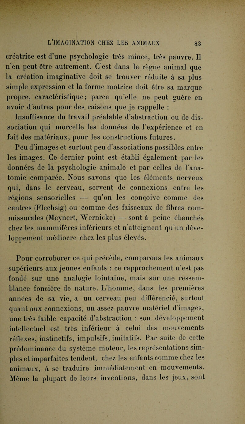 créatrice est d’une psychologie très mince, très pauvre. Il n’en peut être autrement. C’est dans le règne animal que la création imaginative doit se trouver réduite à sa plus simple expression et la forme motrice doit être sa marque propre, caractéristique; parce qu’elle ne peut guère en avoir d’autres pour des raisons que je rappelle : Insuffisance du travail préalable d’abstraction ou de dis¬ sociation qui morcelle les données de l’expérience et en fait des matériaux, pour les constructions futures. Peu d’images et surtout peu d’associations possibles entre les images. Ce dernier point est établi également par les données de la psychologie animale et par celles de l’ana¬ tomie comparée. Nous savons que les éléments nerveux qui, dans le cerveau, servent de connexions entre les régions sensorielles — qu’on les conçoive comme des centres (Flechsig) ou comme des faisceaux de fibres com- missurales (Meynert, Wernicke) — sont à peine ébauchés chez les mammifères inférieurs et n’atteignent qu’un déve¬ loppement médiocre chez les plus élevés. Pour corroborer ce qui précède, comparons les animaux supérieurs aux jeunes enfants : ce rapprochement n’est pas fondé sur une analogie lointaine, mais sur une ressem¬ blance foncière de nature. L’homme, dans les premières années de sa vie, a un cerveau peu différencié, surtout quant aux connexions, un assez pauvre matériel d’images, une très faible capacité d’abstraction : son développement intellectuel est très inférieur à celui des mouvements réflexes, instinctifs, impulsifs, imitatifs. Par suite de cette prédominance du système moteur, les représentations sim¬ ples et imparfaites tendent, chez les enfants comme chez les animaux, à se traduire immédiatement en mouvements. Même la plupart de leurs inventions, dans les jeux, sont