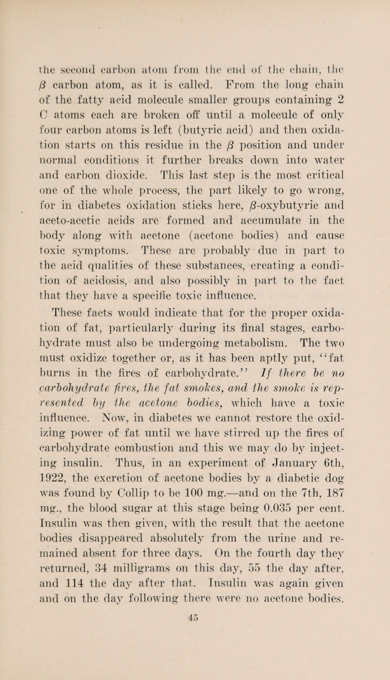 the second carbon atom from the end of the chain, the (3 carbon atom, as it is called. From the long chain of the fatty acid molecule smaller groups containing 2 C atoms each are broken off until a molecule of only four carbon atoms is left (butyric acid) and then oxida¬ tion starts on this residue in the /3 position and under normal conditions it further breaks down into water and carbon dioxide. This last step is the most critical one of the whole process, the part likely to go wrong, for in diabetes oxidation sticks here, j3-oxybutyric and aceto-acetic acids are formed and accumulate in the body along with acetone (acetone bodies) and cause toxic symptoms. These are probably due in part to the acid qualities of these substances, creating a condi¬ tion of acidosis, and also possibly in part to the fact that they have a specific toxic influence. These facts would indicate that for the proper oxida¬ tion of fat, particularly during its final stages, carbo¬ hydrate must also be undergoing metabolism. The two must oxidize together or, as it has been aptly put, “fat burns in the fires of carbohydrate. ’ ’ If there he no carbohydrate fires, the fat smokes, and the smoke is rep¬ resented by the acetone bodies, which have a toxic influence. Now, in diabetes we cannot restore the oxid¬ izing power of fat until we have stirred up the fires of carbohydrate combustion and this we may do by inject¬ ing insulin. Thus, in an experiment of January 6th, 1922, the excretion of acetone bodies by a diabetic dog was found by Collip to be 100 mg.—and on the 7th, 187 mg., the blood sugar at this stage being 0.035 per cent. Insulin was then given, with the result that the acetone bodies disappeared absolutely from the urine and re¬ mained absent for three days. On the fourth day they returned, 34 milligrams on this day, 55 the day after, and 114 the day after that. Insulin was again given and on the day following there were no acetone bodies.