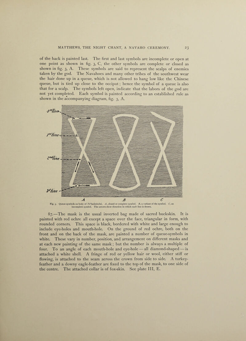 of the back is painted last. The first and last symbols are incomplete or open at one point as shown in fig. 3, C, the other symbols are complete or closed as shown in fig. 3, A. These symbols are said to represent the scalps of enemies taken by the god. The Navahoes and many other tribes of the southwest wear the hair done up in a queue, which is not allowed to hang low like the Chinese queue, but is tied up close to the occiput; hence the symbol of a queue is also that for a scalp. The symbols left open, indicate that the labors of the god are not yet completed. Each symbol is painted according to an established rule as shown in the accompanying diagram, fig. 3, A. 4Mlme> Js*/ine Znd/me •3d/me - Fig. 3. Queue symbols on body of 7b‘badjzistsini. A, closed or complete symbol. 5, a variant of the symbol. C, an incomplete symbol. The arrows show direction in which each line is drawn. 87.—The mask is the usual inverted bag made of sacred buckskin. It is painted with red ochre all except a space over the face, triangular in form, with rounded corners. This space is black, bordered with white and large enough to include eye-holes and mouth-hole. On the ground of red ochre, both on the front and on the back of the mask, are painted a number of queue-symbols in white. These vary in number, position, and arrangement on different masks and at each new painting of the same mask ; but the number is always a multiple of four. To an angle of each mouth-hole and eye-hole — all diamond-shaped — is attached a white shell. A fringe of red or yellow hair or wool, either stiff or flowing, is attached to the seam across the crown from side to side. A turkey- feather and a downy eagle-feather are fixed to the top of the mask, to one side of the centre. The attached collar is of fox-skin. See plate III, E.