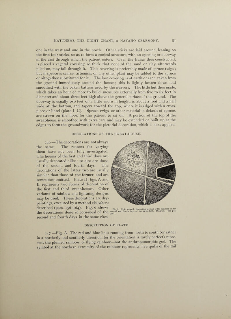 one in the west and one in the north. Other sticks are laid around, leaning on the first four sticks, so as to form a conical structure, with an opening or doorway in the east through which the patient enters. Over the frame thus constructed, is placed a vegetal covering so thick that none of the sand or clay, afterwards piled on, may fall through it. This covering is preferably made of spruce twigs ; but if spruce is scarce, artemisia or any other plant may be added to the spruce or altogether substituted for it. The last covering is of earth or sand, taken from the ground immediately around the house ; this is lightly beaten down and smoothed with the oaken battens used by the weavers. The little hut thus made, which takes an hour or more to build, measures externally from five to six feet in diameter and about three feet high above the general surface of the ground. The doorway is usually two feet or a little more in height, is about a foot and a half wide at the bottom, and tapers toward the top, where it is edged with a cross¬ piece or lintel (plate I, C). Spruce twigs, or other material in default of spruce, are strewn on the floor, for the patient to sit on. A portion of the top of the sweat-house is smoothed with extra care and may be extended or built up at the edges to form the groundwork for the pictorial decoration, which is next applied. DECORATIONS OF THE SWEAT-HOUSE. 246. —The decorations are not always the same. The reasons for varying them have not been fully investigated. The houses of the first and third days are decorated alike ; so also are those of the second and fourth days. The decorations of the latter two are usually simpler than those of the former, and are sometimes omitted. Plate II, figs. A and B, represents two forms of decoration of the first and third sweat-houses. Other variants of rainbow and lightning designs may be used. These decorations are dry- paintings, executed by a method elsewhere described (pars. 156-164). Fig. 6 shows the decorations done in corn-meal of the and fourth day. of the sweat-bath. Diagram. See par. second and fourth days in the same rites. DESCRIPTION OF PLATE. 247. —Fig. A. The red and blue lines running from north to south (or rather in a northerly and southerly direction, for the orientation is rarely perfect) repre¬ sent the plumed rainbow, or flying rainbow—not the anthropomorphic god. The symbol at the northern extremity of the rainbow represents five quills of the tail