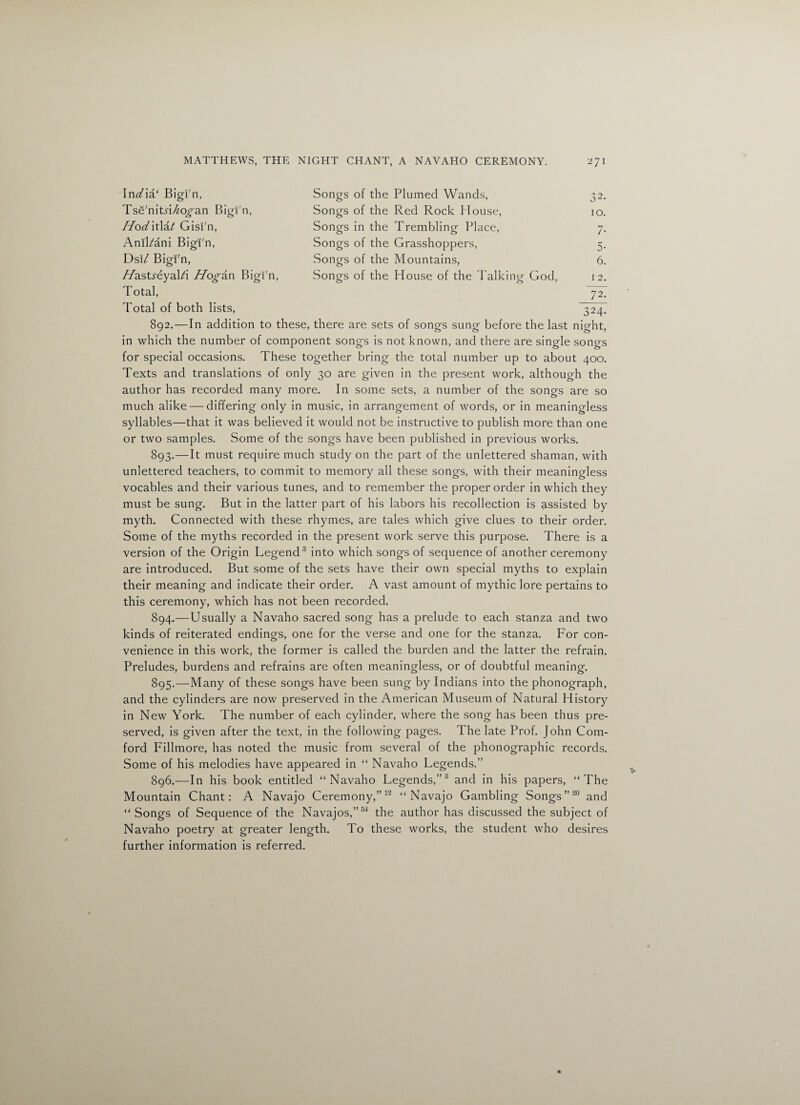 India* Bigl'n, Songs of the Plumed Wands, 32. TsS'nitd^o^-an Bigl'n, Songs of the Red Rock House, 10. HodixXat Gisi'n, Songs in the Trembling Place, 7. AniRani Bigl'n, Songs of the Grasshoppers, 5. Dsi/ Bigl'n, Songs of the Mountains, 6. //astreyald Hogan Bigl'n, Songs of the House of the Talking God, 12. Total, 72. Total of both lists, 324. 892. —In addition to these, there are sets of songs sung before the last night, in which the number of component songs is not known, and there are single songs for special occasions. These together bring the total number up to about 400. Texts and translations of only 30 are given in the present work, although the author has recorded many more. In some sets, a number of the songs are so much alike — differing only in music, in arrangement of words, or in meaningless syllables—that it was believed it would not be instructive to publish more than one or two samples. Some of the songs have been published in previous works. 893. —It must require much study on the part of the unlettered shaman, with unlettered teachers, to commit to memory all these songs, with their meaningless vocables and their various tunes, and to remember the proper order in which they must be sung. But in the latter part of his labors his recollection is assisted by myth. Connected with these rhymes, are tales which give clues to their order. Some of the myths recorded in the present work serve this purpose. There is a version of the Origin Legend 3 into which songs of sequence of another ceremony are introduced. But some of the sets have their own special myths to explain their meaning and indicate their order. A vast amount of mythic lore pertains to this ceremony, which has not been recorded. 894. —Usually a Navaho sacred song has a prelude to each stanza and two kinds of reiterated endings, one for the verse and one for the stanza. For con¬ venience in this work, the former is called the burden and the latter the refrain. Preludes, burdens and refrains are often meaningless, or of doubtful meaning. 895. —Many of these songs have been sung by Indians into the phonograph, and the cylinders are now preserved in the American Museum of Natural History in New York. The number of each cylinder, where the song has been thus pre¬ served, is given after the text, in the following pages. The late Prof. John Corn- ford Fillmore, has noted the music from several of the phonographic records. Some of his melodies have appeared in “ Navaho Legends.” 896. —In his book entitled “Navaho Legends,”3 and in his papers, “The Mountain Chant: A Navajo Ceremony,”13 “Navajo Gambling Songs”20 and “ Songs of Sequence of the Navajos,”54 the author has discussed the subject of Navaho poetry at greater length. To these works, the student who desires further information is referred.