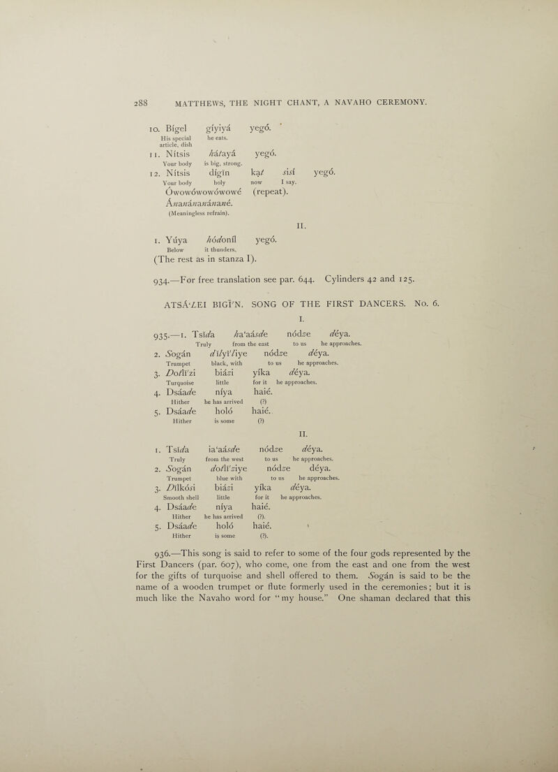 10. Bigel giyiya yego. His special he eats. article, dish 11. Nitsis hAtaya yego. Your body is big, strong. 12. Nitsis digin •p Your body holy now I say, Owowowowowowe (repeat). An3.n3.na.nAna.n6. (Meaningless refrain). i. Yuya Ziodonil yego. Below it thunders. (The rest as in stanza I). 934.—For free translation see par. 644. Cylinders 42 and 125. ATSA'ZEI BIGI'N. SONG OF THE FIRST DANCERS. No. 6. I. 935.— 1. Tsu/a Jia'aAsde nocke deya. Truly from the east to us he approaches. 2. Nogan dilyl'liye nod^e d6ya. Trumpet black, with to US he approaches. 3- DotWzi biad yika deya. Turquoise little for it he a pproaches. 4- Dsaaafe my a haie. Hither he has arrived W 5- Dsaat/e hold haie. Hither is some (?) II. [. Tsu/a 13‘aAsde nod.s’e deya. Truly from the west to US he approaches. 2. Nogan dotWziye nod^e deya. Trumpet blue with to US he approaches. 3- Zhlkd.fi biad yika deya. Smooth shell little for it he approaches. 4* Dsaat/e niya haie. Hither he has arrived (?)■ 5- DsAade hold haie. \ Hither is some (?)• 936.—This song is said to refer to some of the four gods represented by the First Dancers (par. 607), who come, one from the east and one from the west for the gifts of turquoise and shell offered to them. Aogan is said to be the name of a wooden trumpet or flute formerly used in the ceremonies; but it is much like the Navaho word for “ my house.” One shaman declared that this